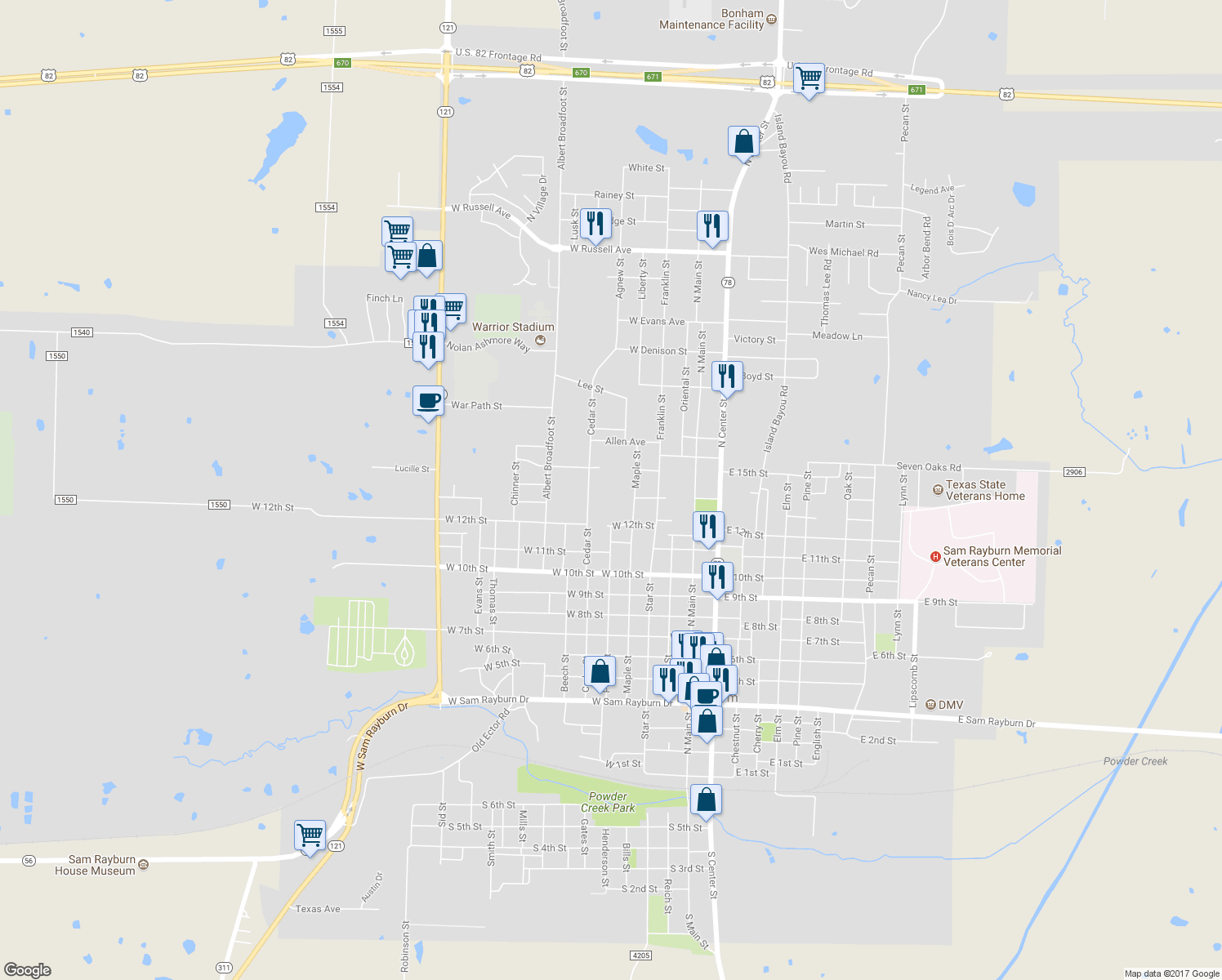 map of restaurants, bars, coffee shops, grocery stores, and more near 1304 Cedar Street in Bonham