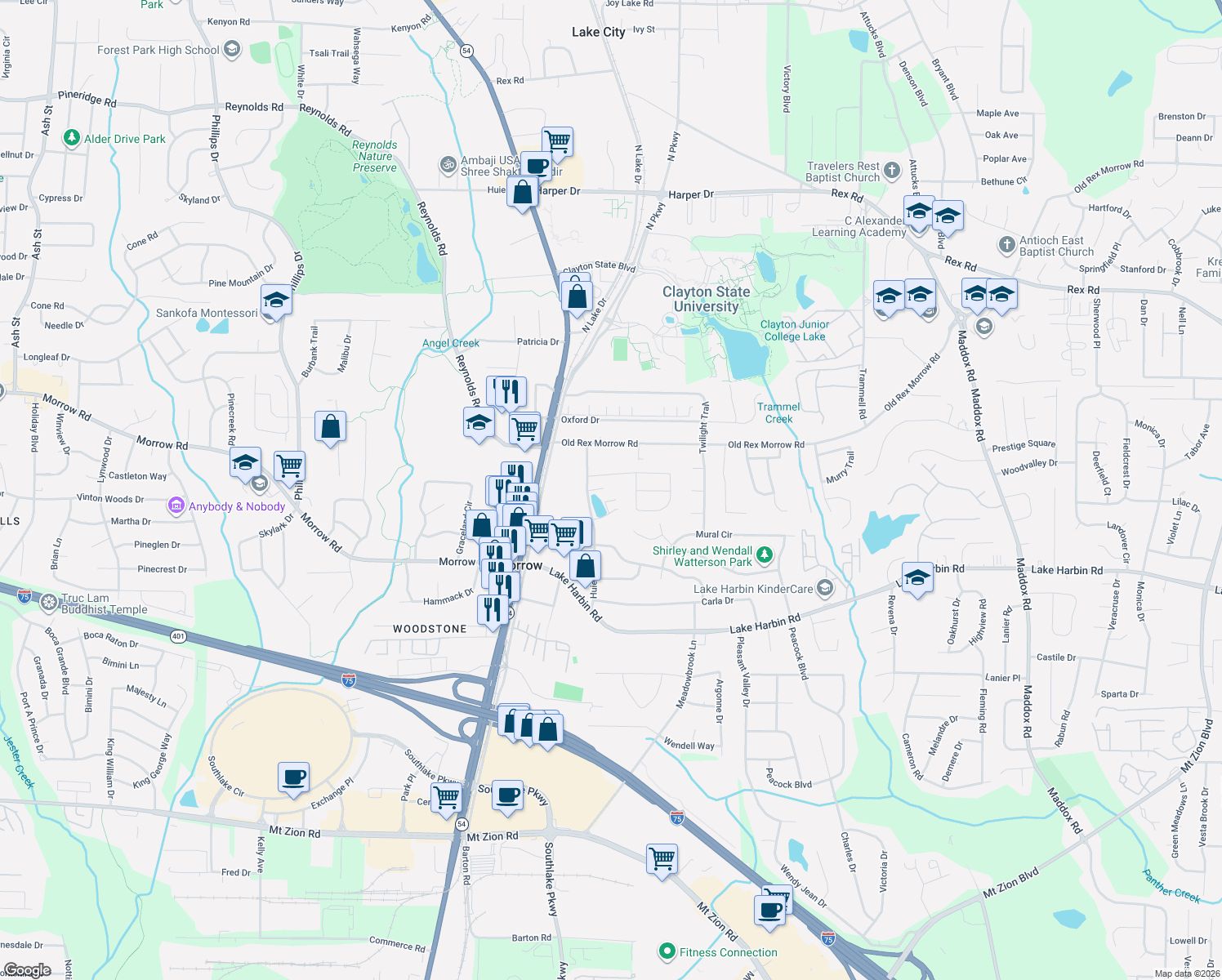 map of restaurants, bars, coffee shops, grocery stores, and more near 6174 Huie Drive in Morrow