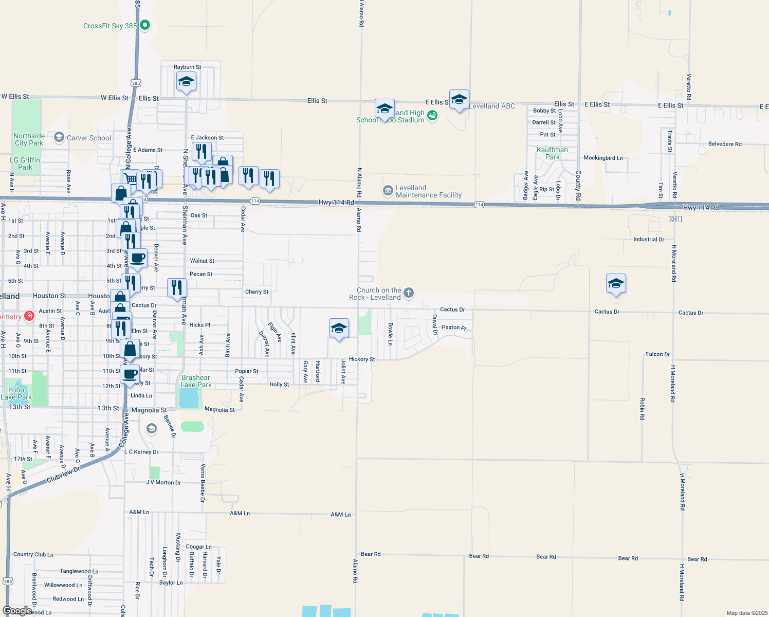 map of restaurants, bars, coffee shops, grocery stores, and more near 1399 Cactus Drive in Levelland