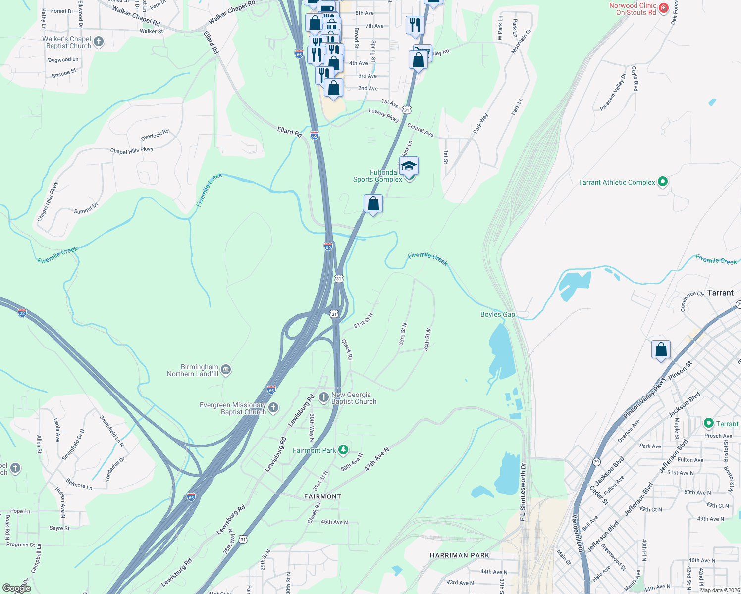 map of restaurants, bars, coffee shops, grocery stores, and more near 5828 31st Street North in Birmingham