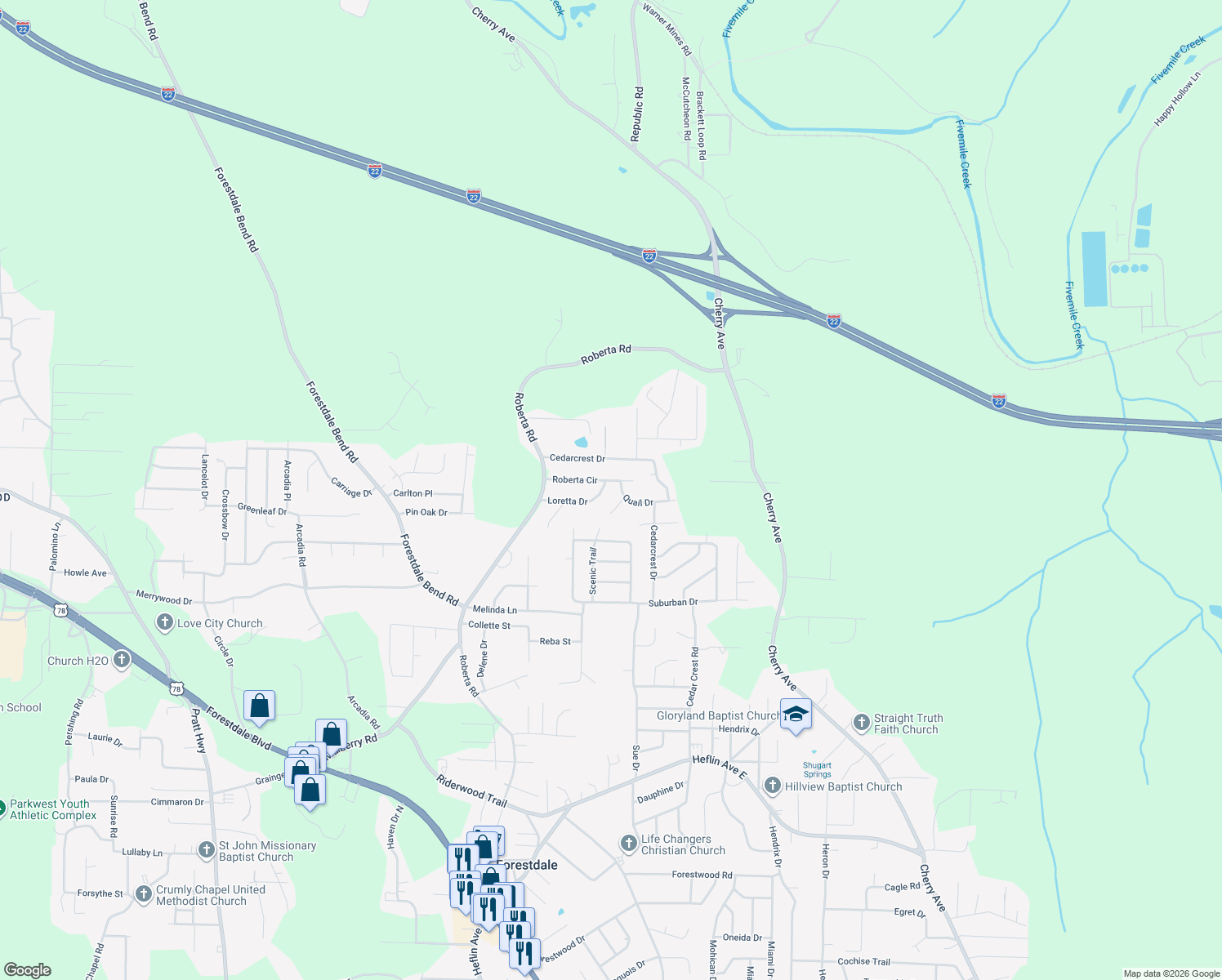 map of restaurants, bars, coffee shops, grocery stores, and more near 643 Loretta Drive in Birmingham