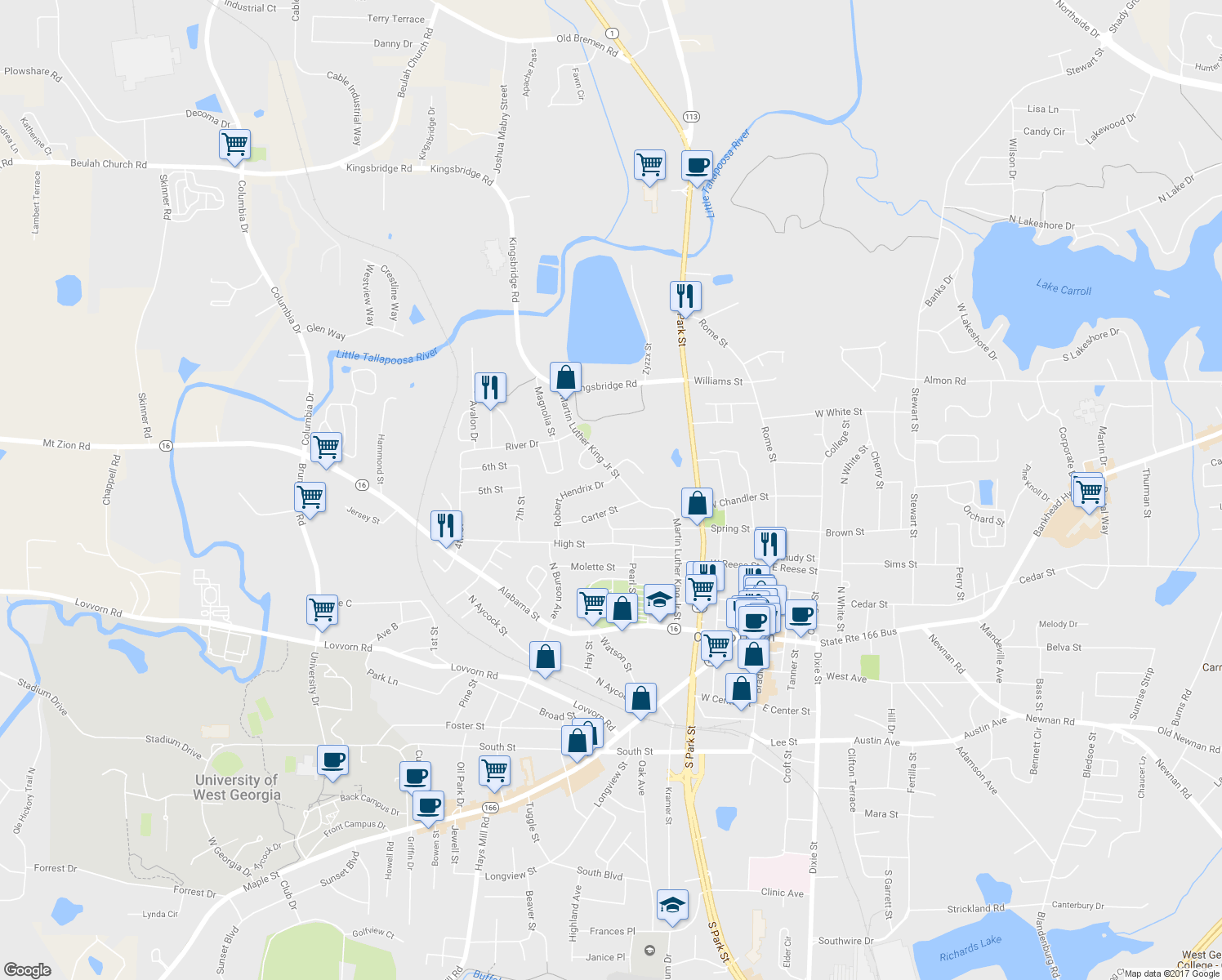 map of restaurants, bars, coffee shops, grocery stores, and more near 104 Robert Hendrix Drive in Carrollton