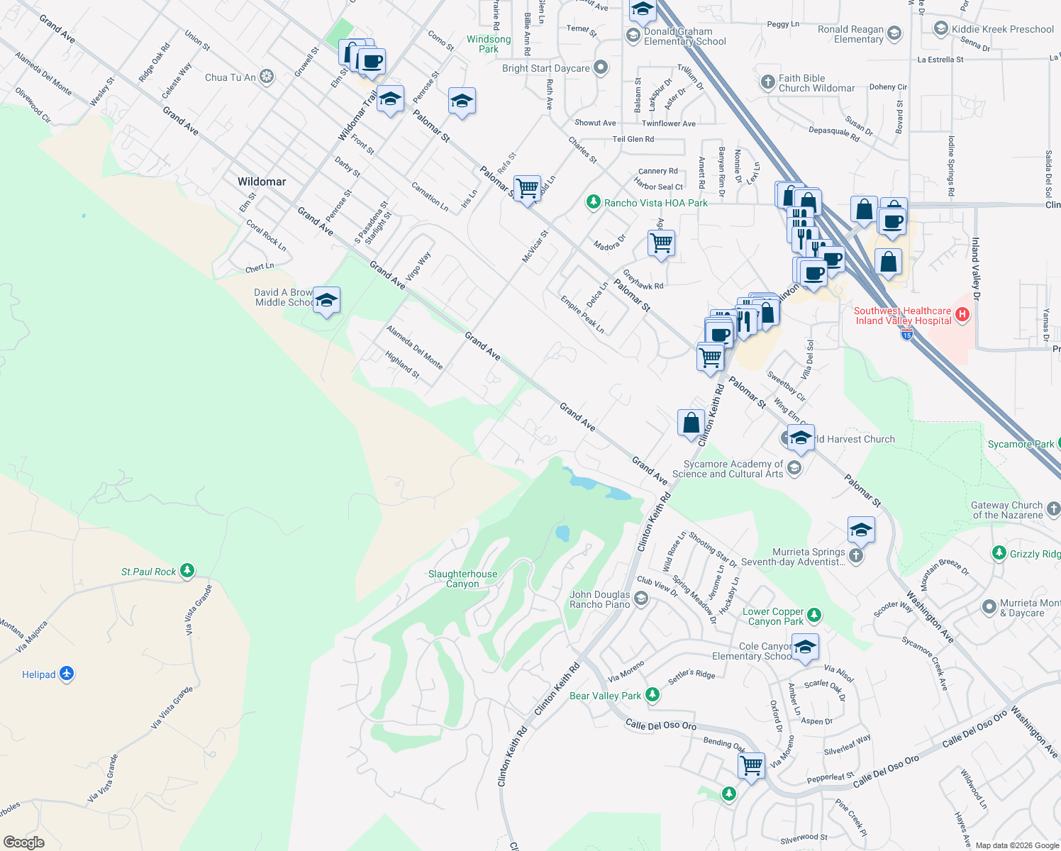 map of restaurants, bars, coffee shops, grocery stores, and more near 22430 Alameda Del Monte in Wildomar