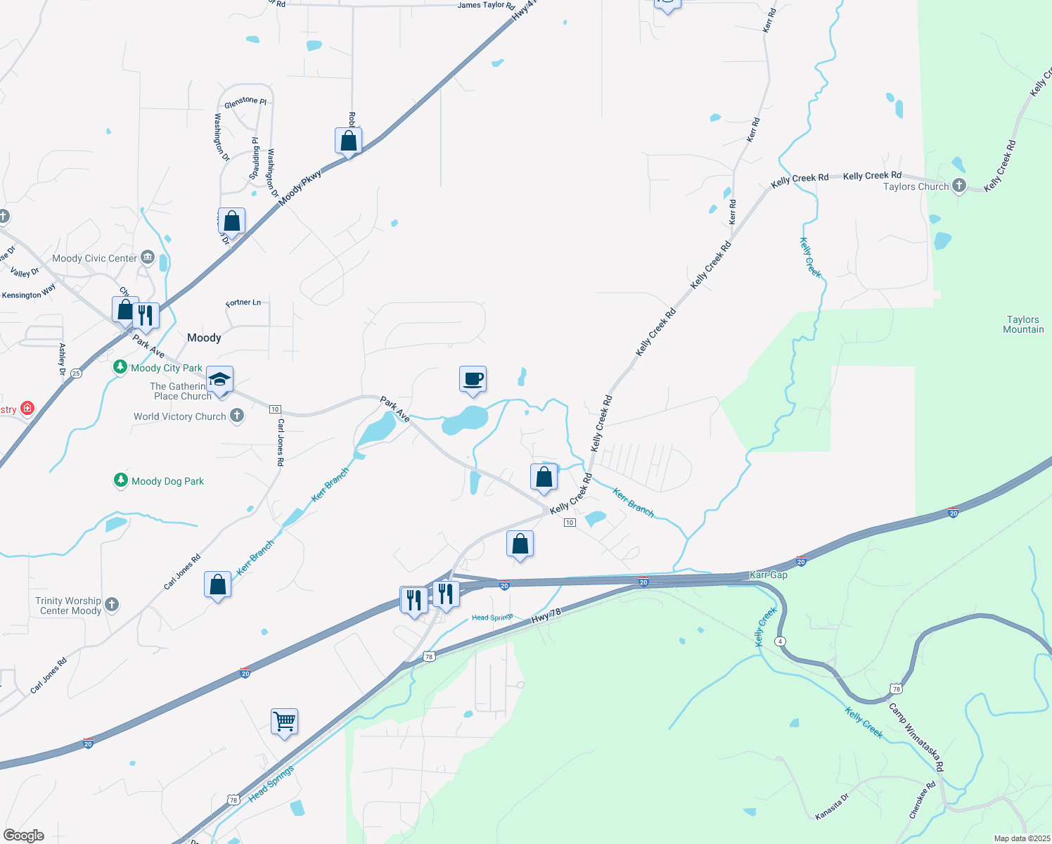 map of restaurants, bars, coffee shops, grocery stores, and more near 2970 Radio Drive in Moody