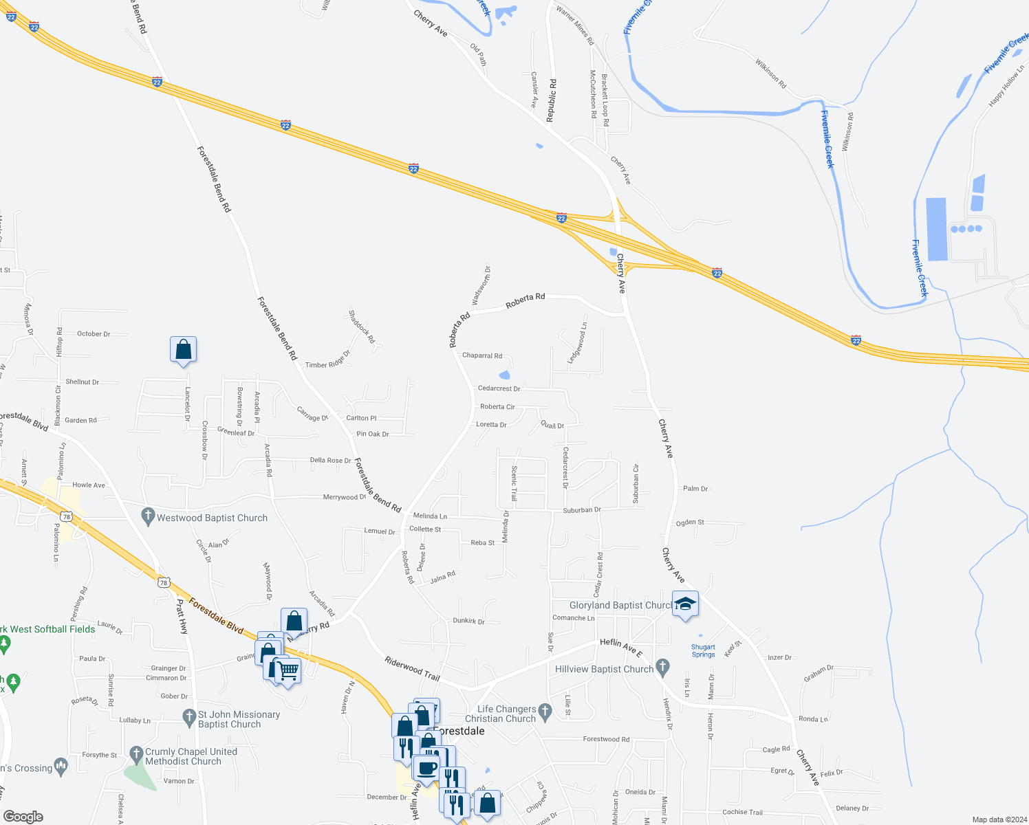 map of restaurants, bars, coffee shops, grocery stores, and more near 625 Roberta Circle in Birmingham