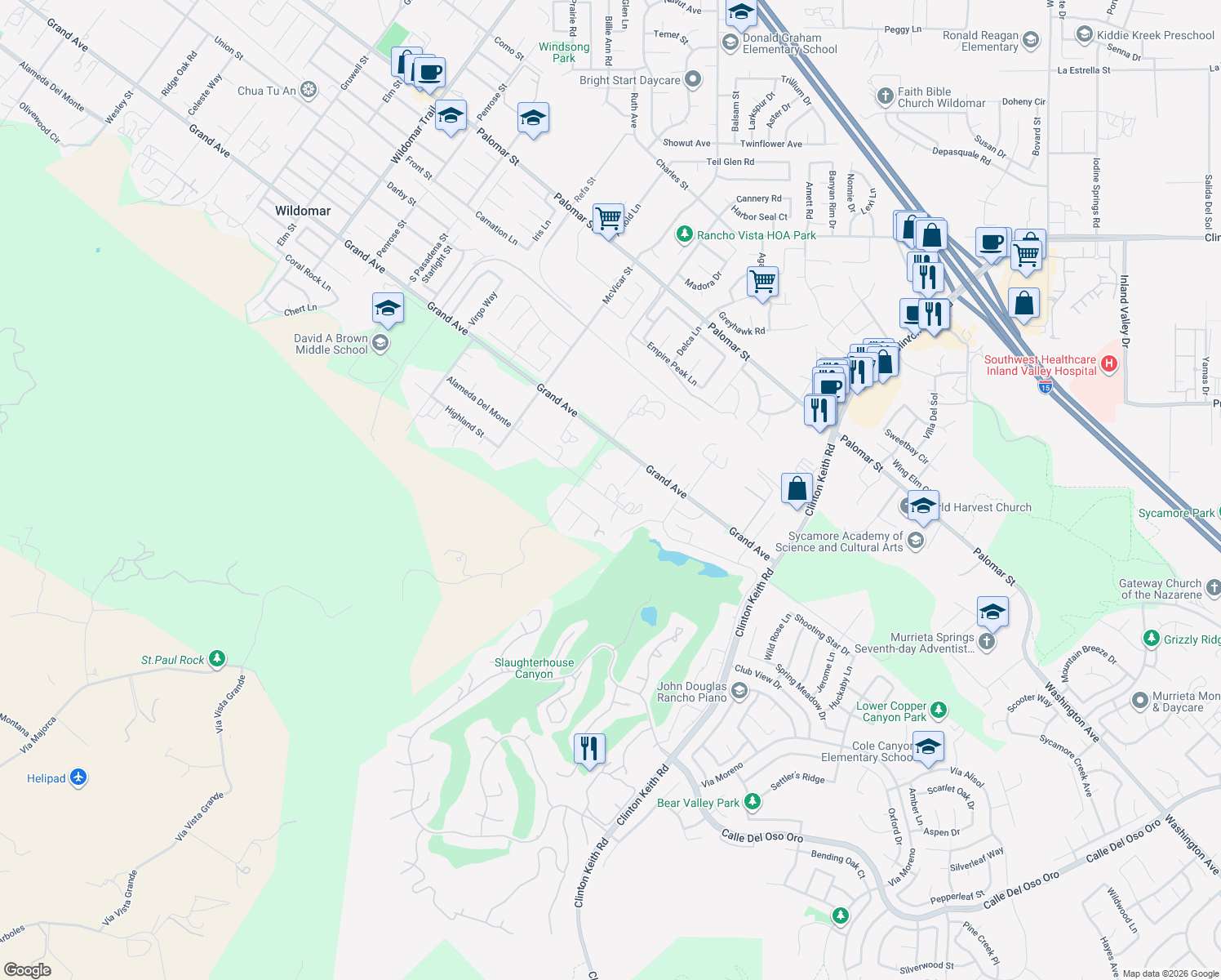 map of restaurants, bars, coffee shops, grocery stores, and more near 22430 Alameda Del Monte in Wildomar