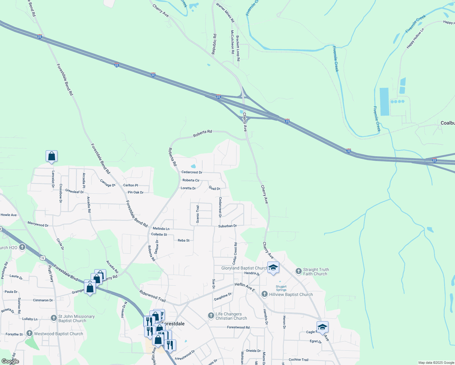 map of restaurants, bars, coffee shops, grocery stores, and more near 2100 Cedar Crest Drive in Birmingham