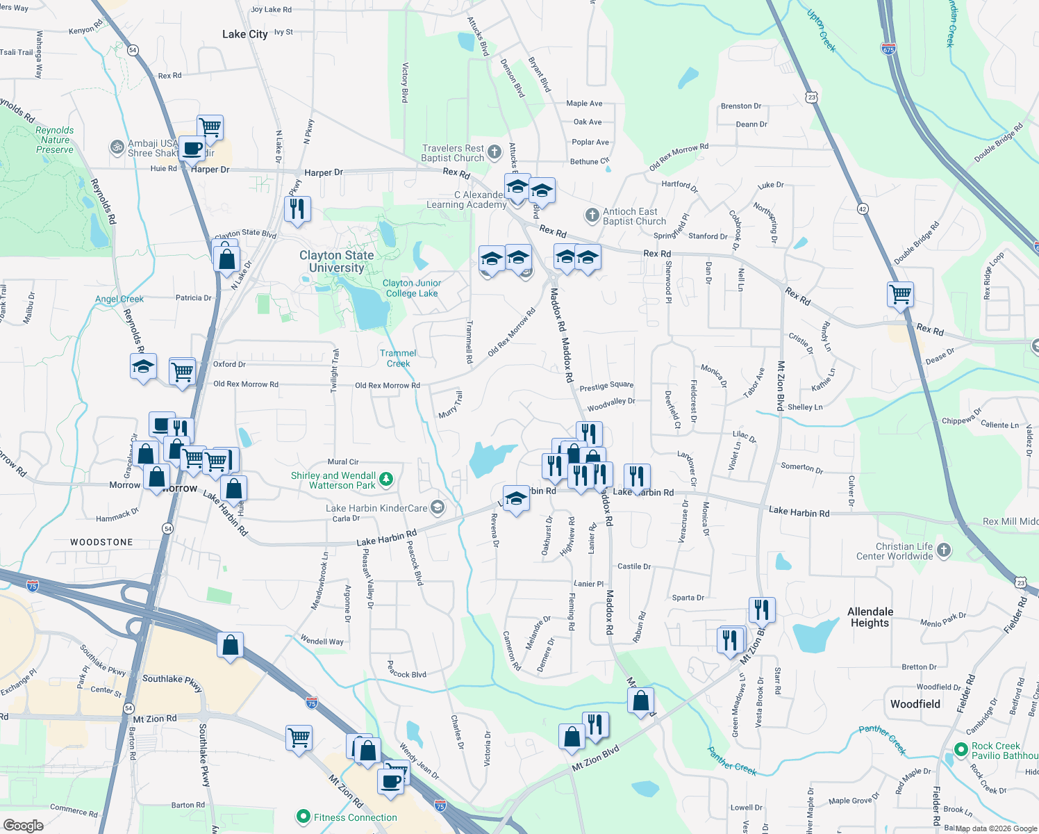 map of restaurants, bars, coffee shops, grocery stores, and more near 2244 Kingswood Drive in Morrow