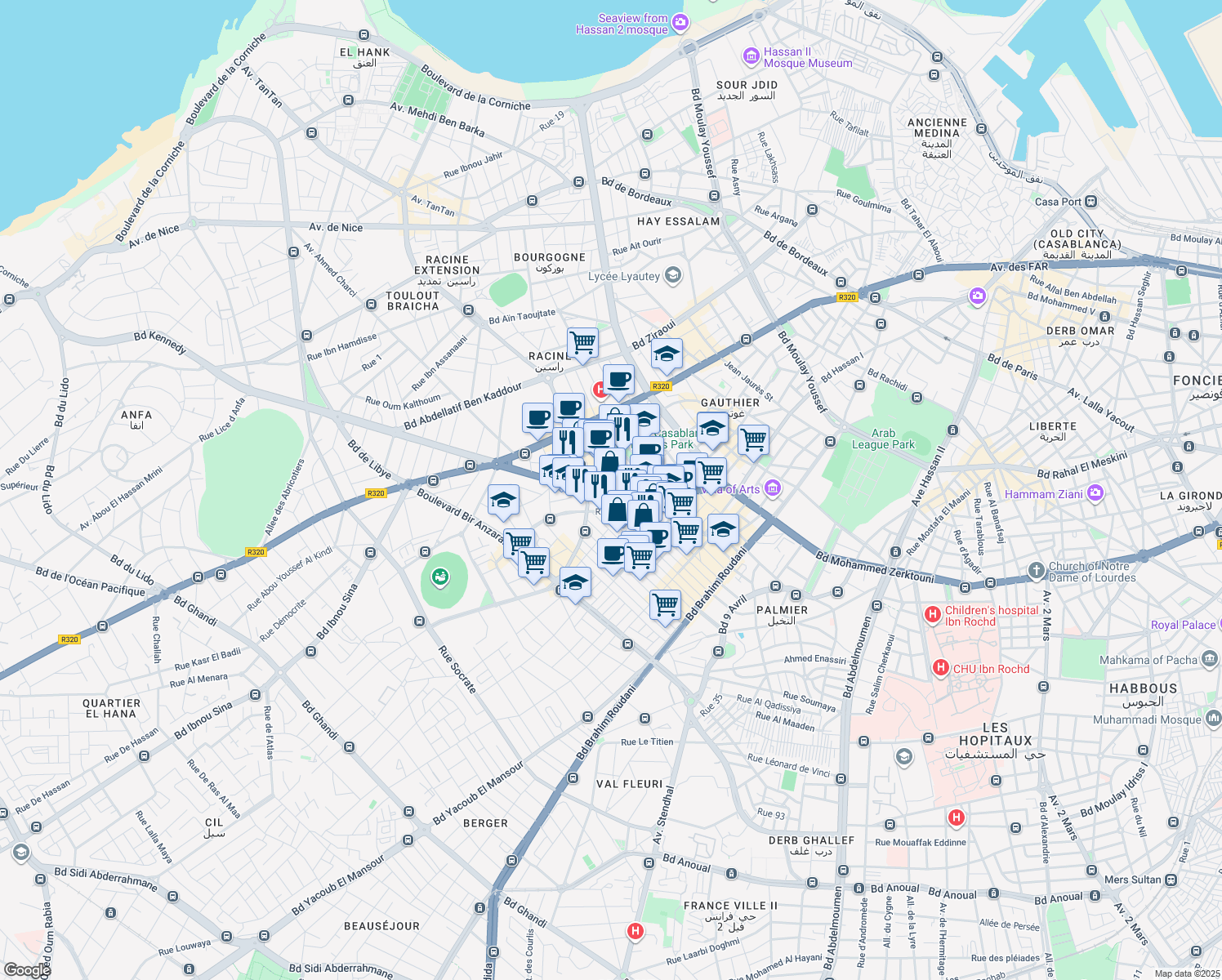 map of restaurants, bars, coffee shops, grocery stores, and more near Boulevard Al Massira Al Khadra in Casablanca