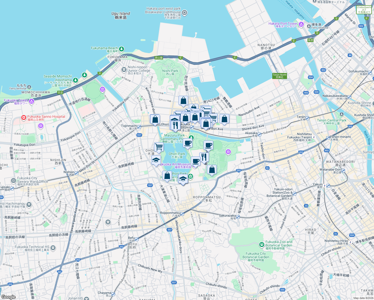 map of restaurants, bars, coffee shops, grocery stores, and more near in Fukuoka