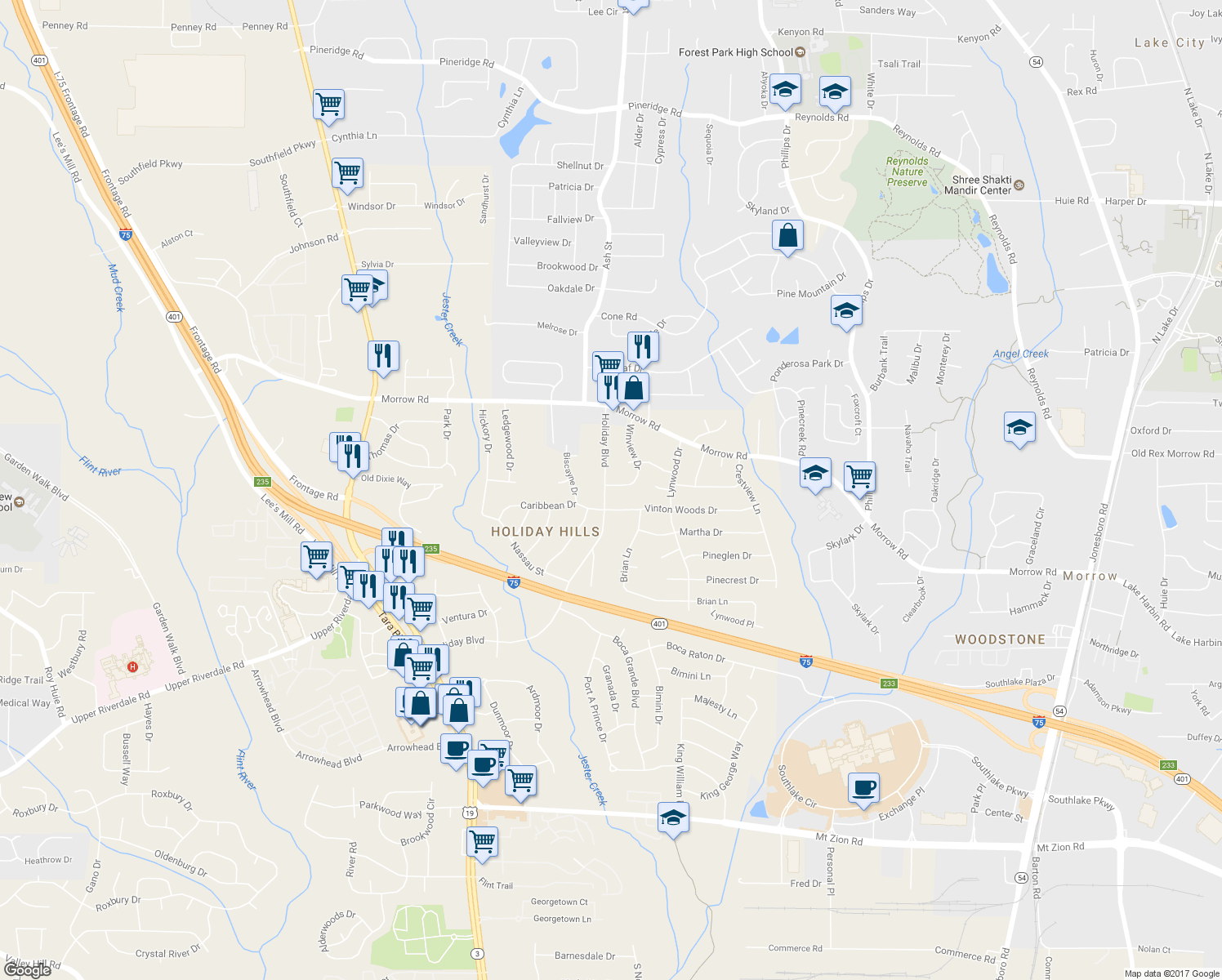 map of restaurants, bars, coffee shops, grocery stores, and more near 6136 Holiday Boulevard in Forest Park