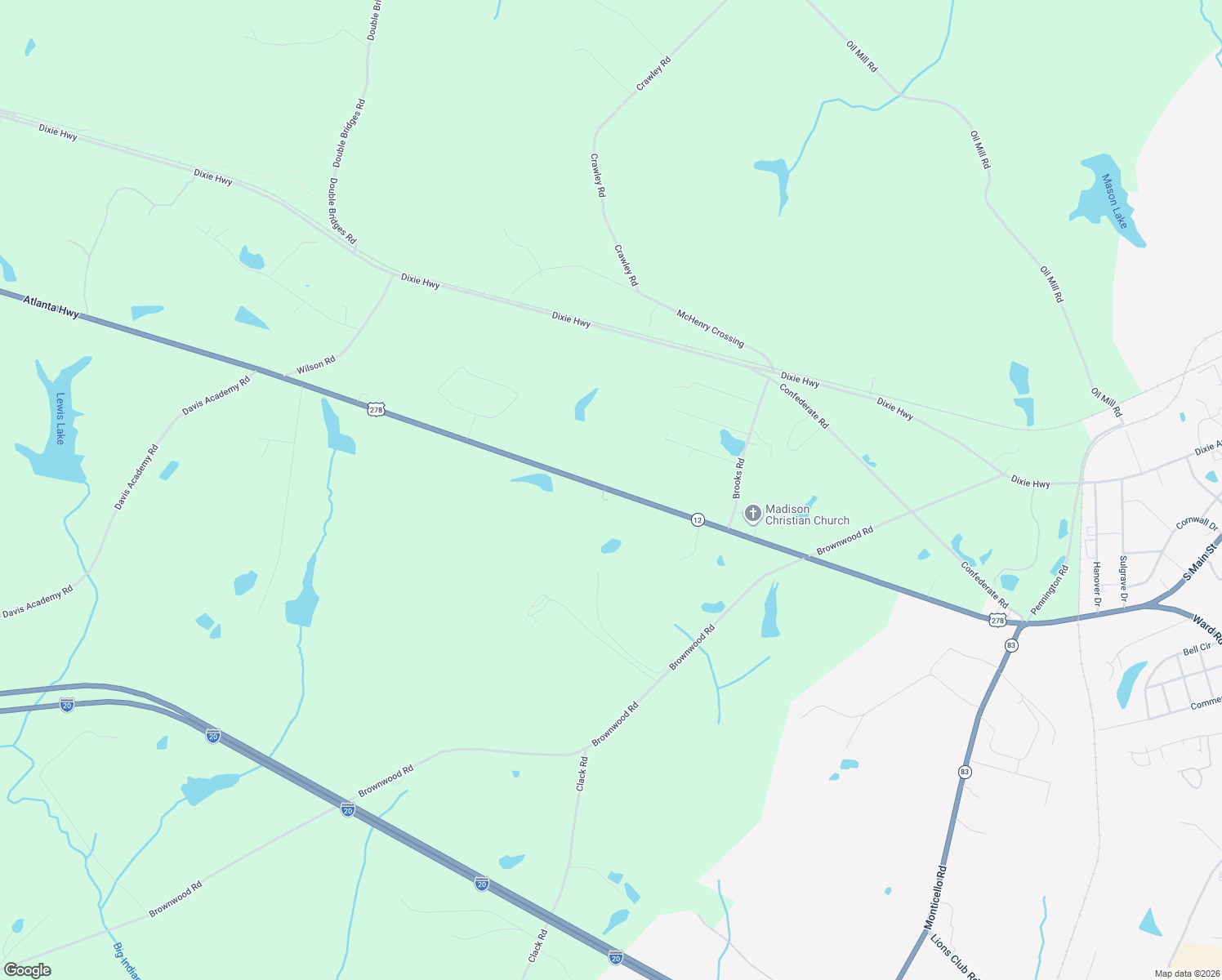 map of restaurants, bars, coffee shops, grocery stores, and more near 2105 Atlanta Highway in Madison