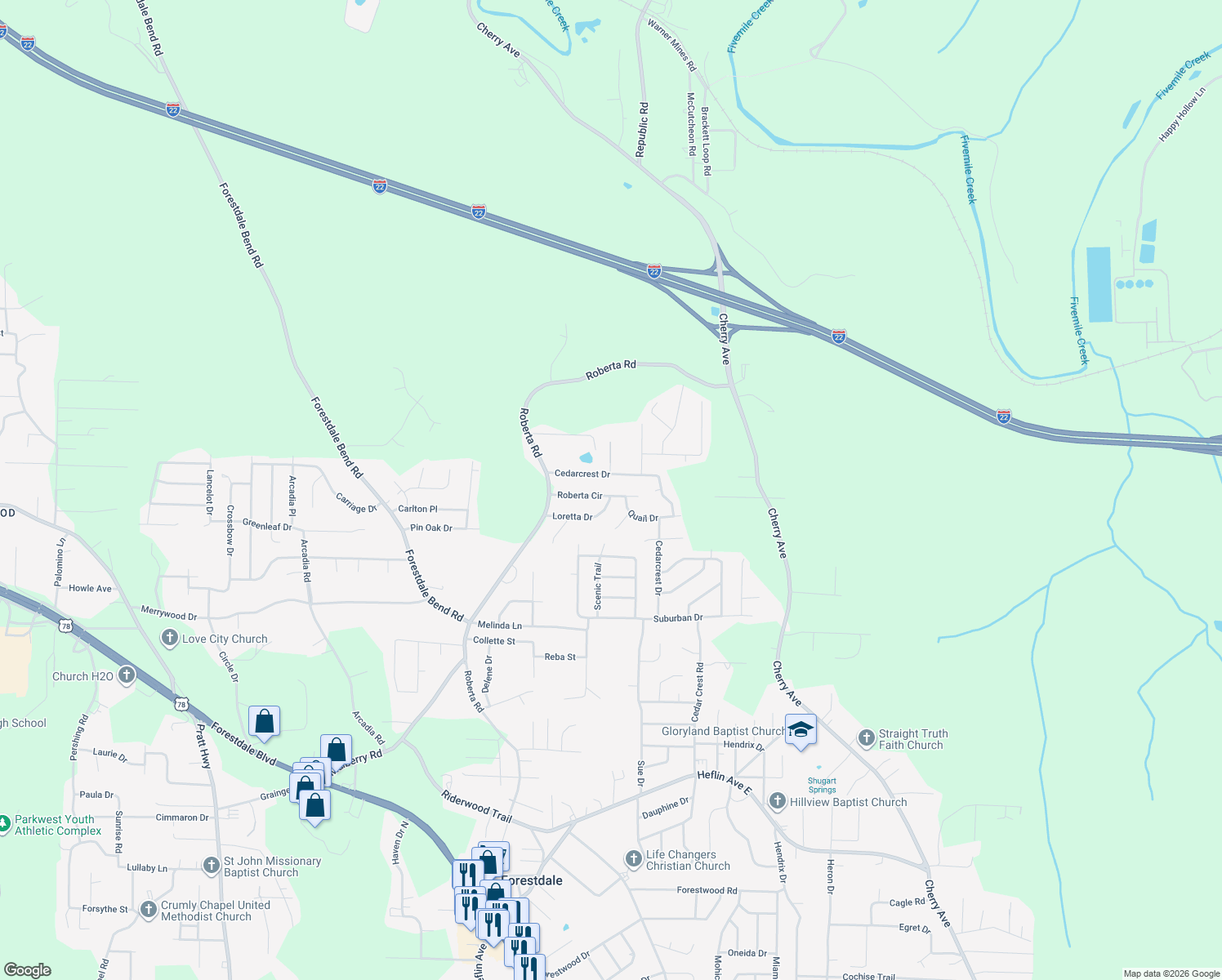 map of restaurants, bars, coffee shops, grocery stores, and more near 643 Loretta Drive in Birmingham