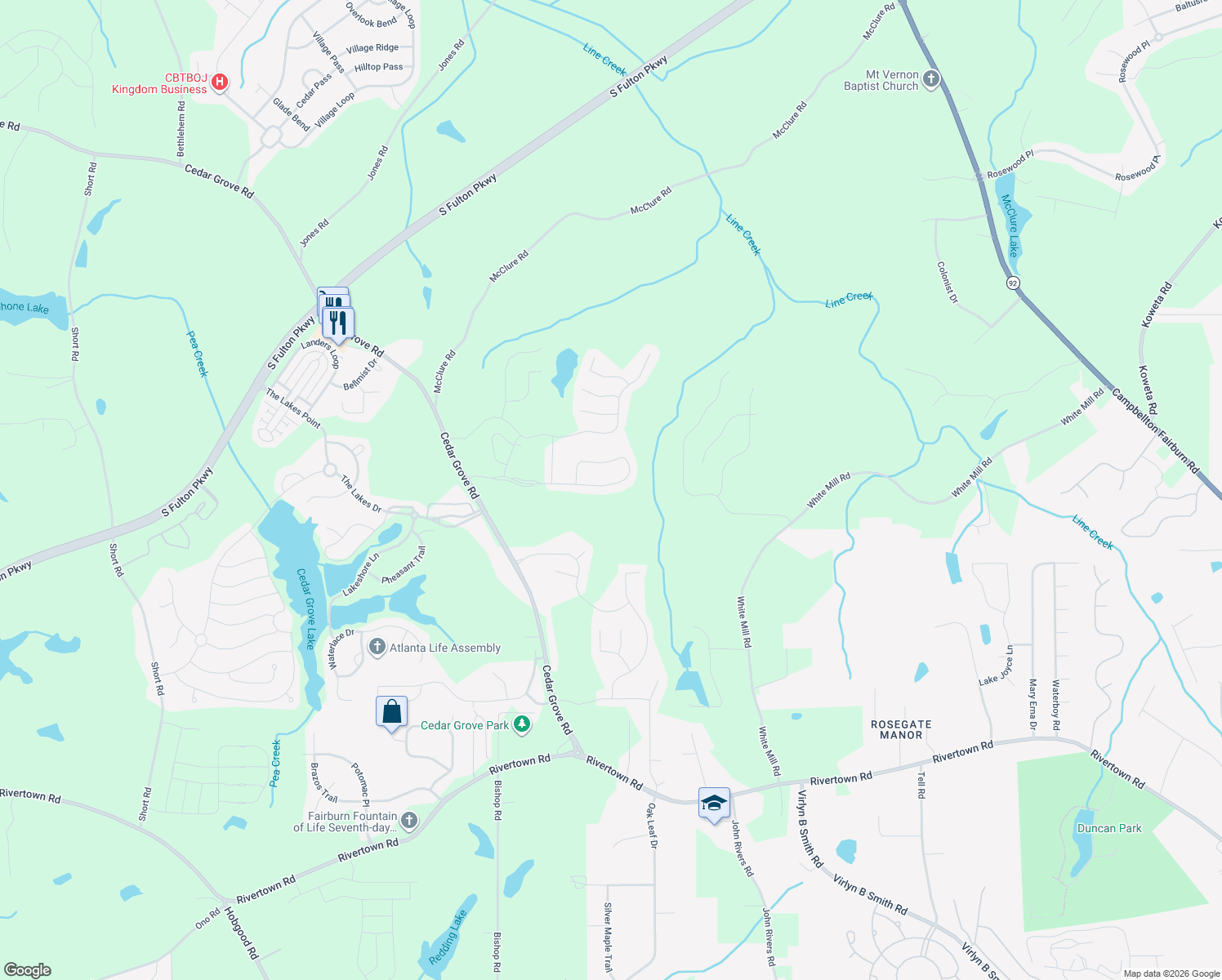 map of restaurants, bars, coffee shops, grocery stores, and more near 7370 Parkland Bend in Fairburn