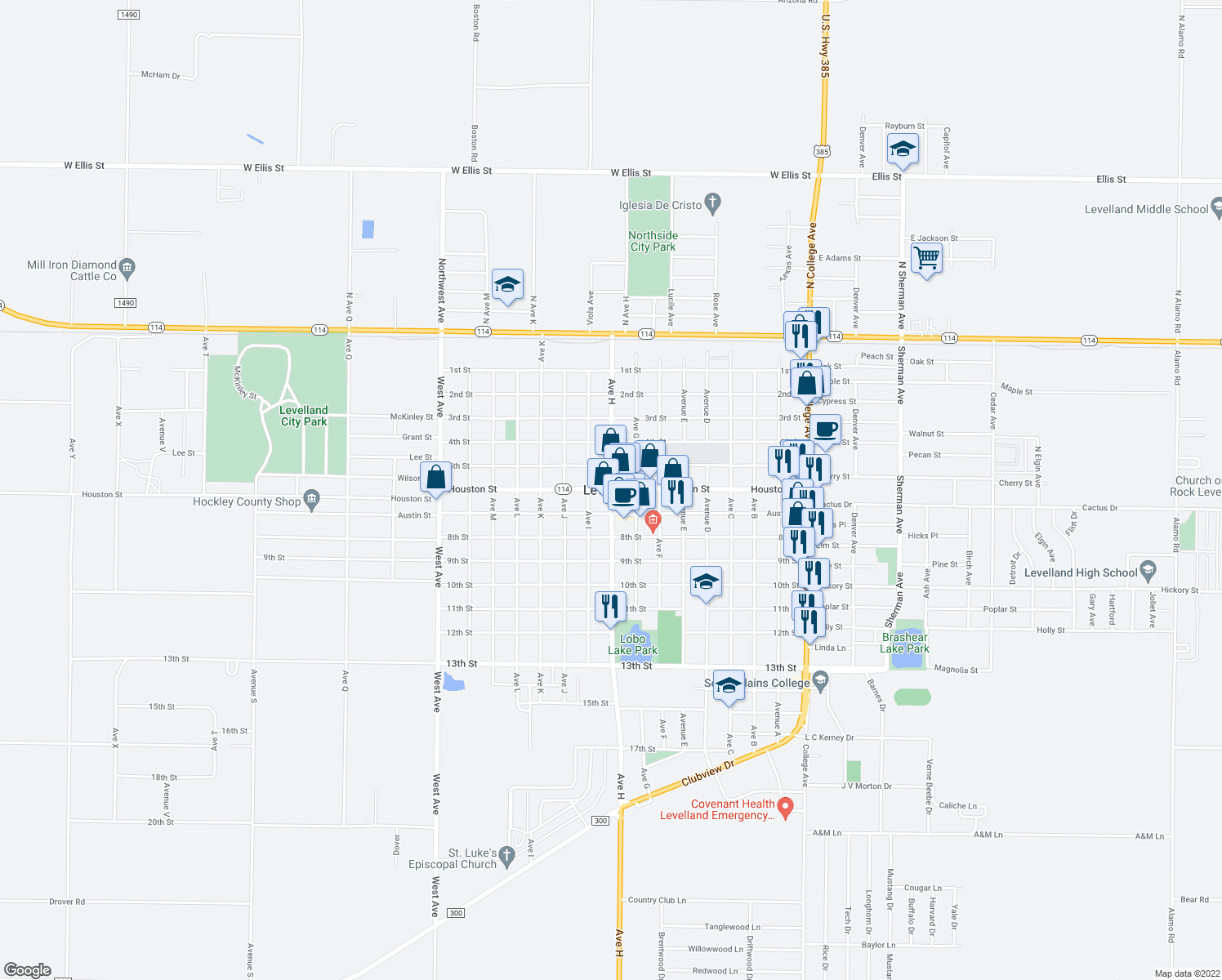 map of restaurants, bars, coffee shops, grocery stores, and more near Usa Road in Levelland