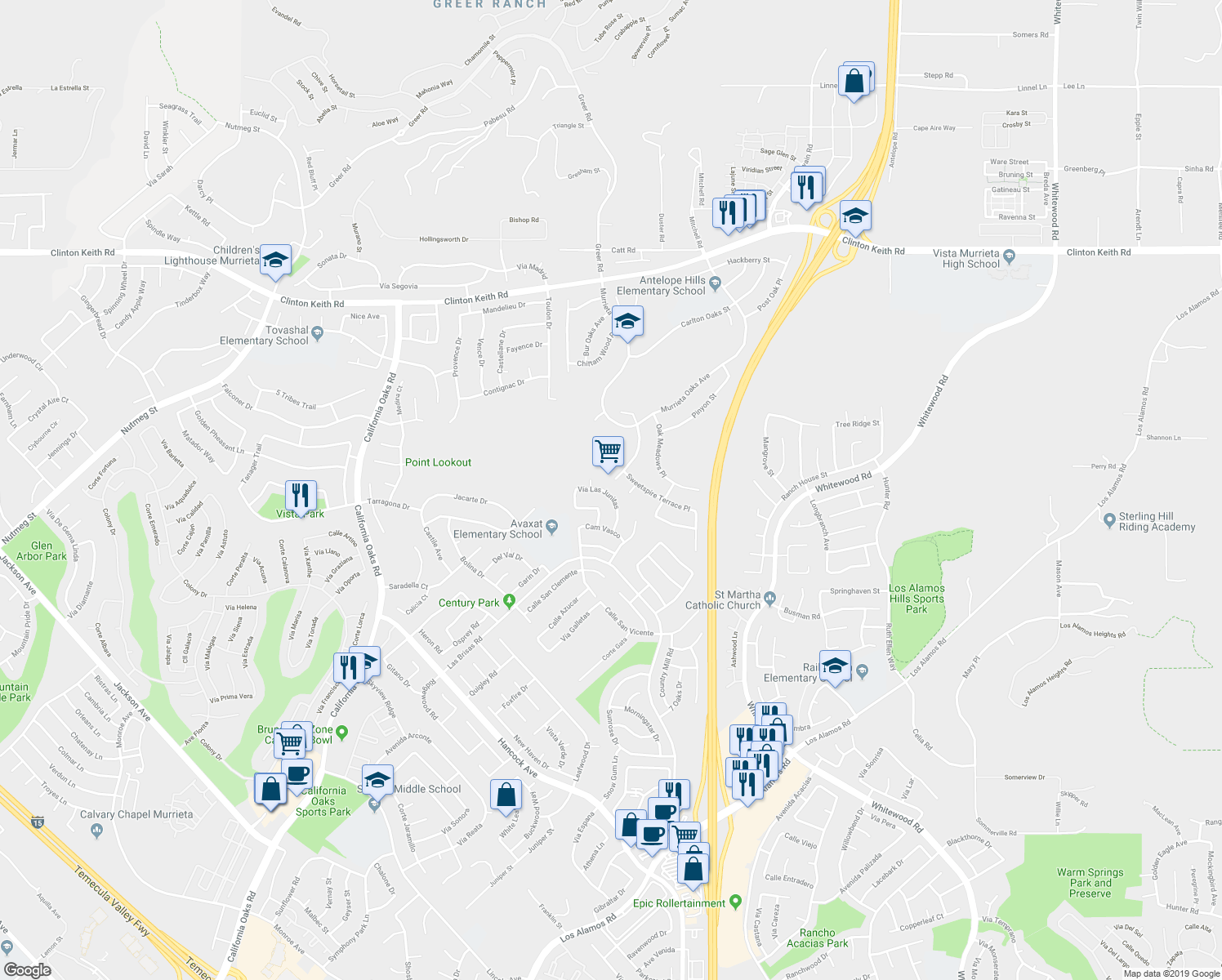 map of restaurants, bars, coffee shops, grocery stores, and more near 24372 Vía Las Junitas in Murrieta