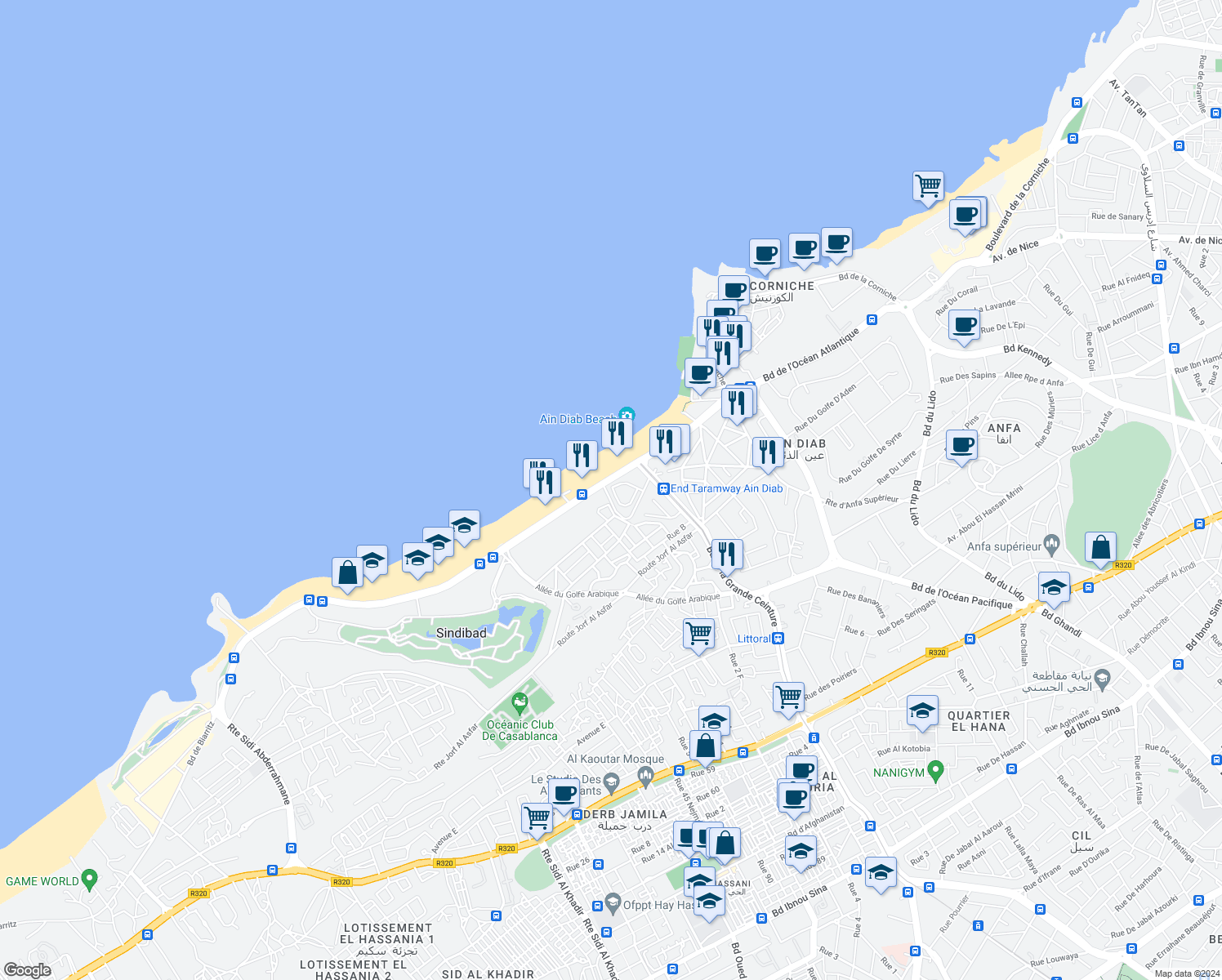 map of restaurants, bars, coffee shops, grocery stores, and more near Boulevard de Biarritz in Casablanca