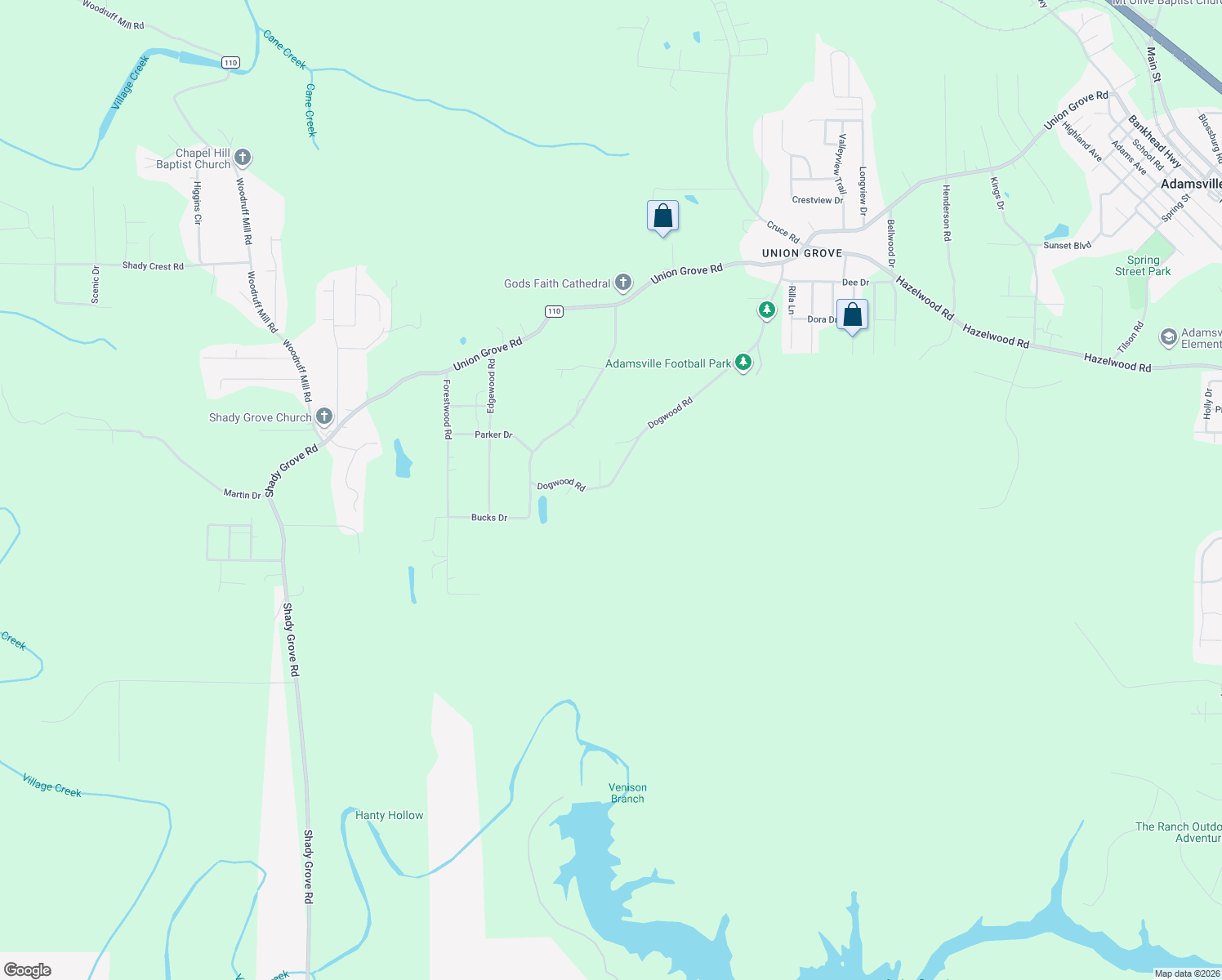 map of restaurants, bars, coffee shops, grocery stores, and more near 5102 Wilson Circle in Adamsville