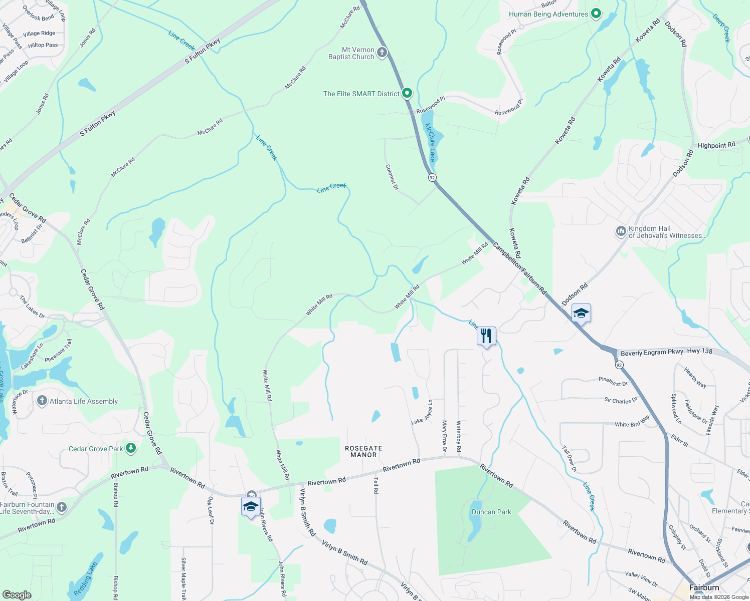 map of restaurants, bars, coffee shops, grocery stores, and more near 6825 White Mill Road in Fairburn