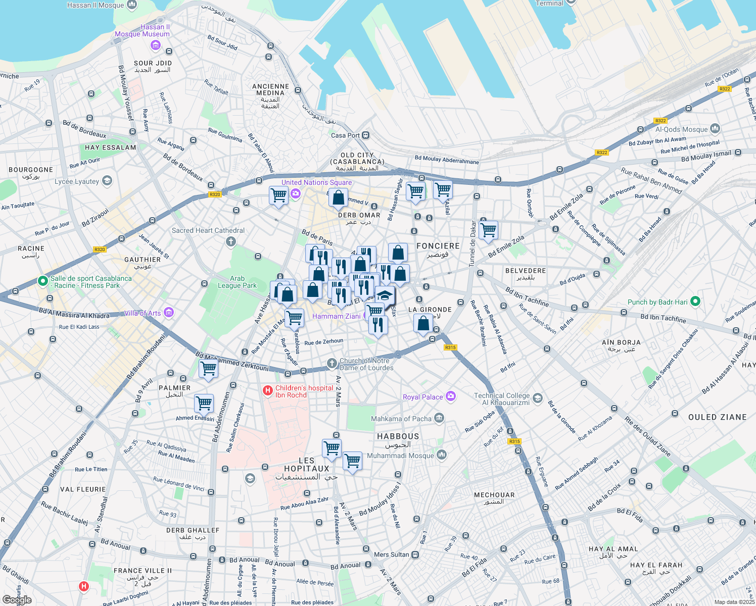 map of restaurants, bars, coffee shops, grocery stores, and more near Boulevard Rahal El Meskini in Casablanca