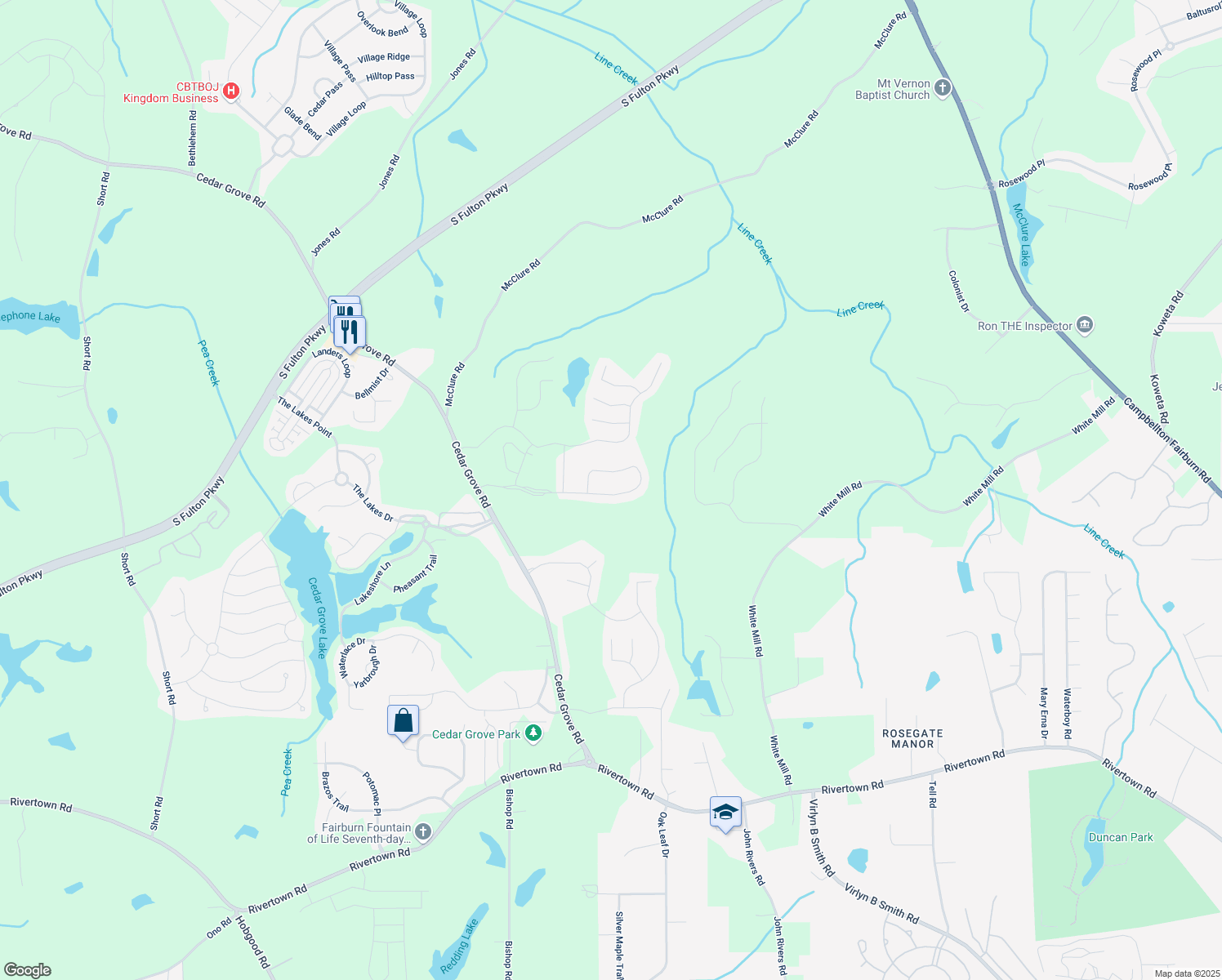 map of restaurants, bars, coffee shops, grocery stores, and more near 7381 Parkland Bend in Fairburn