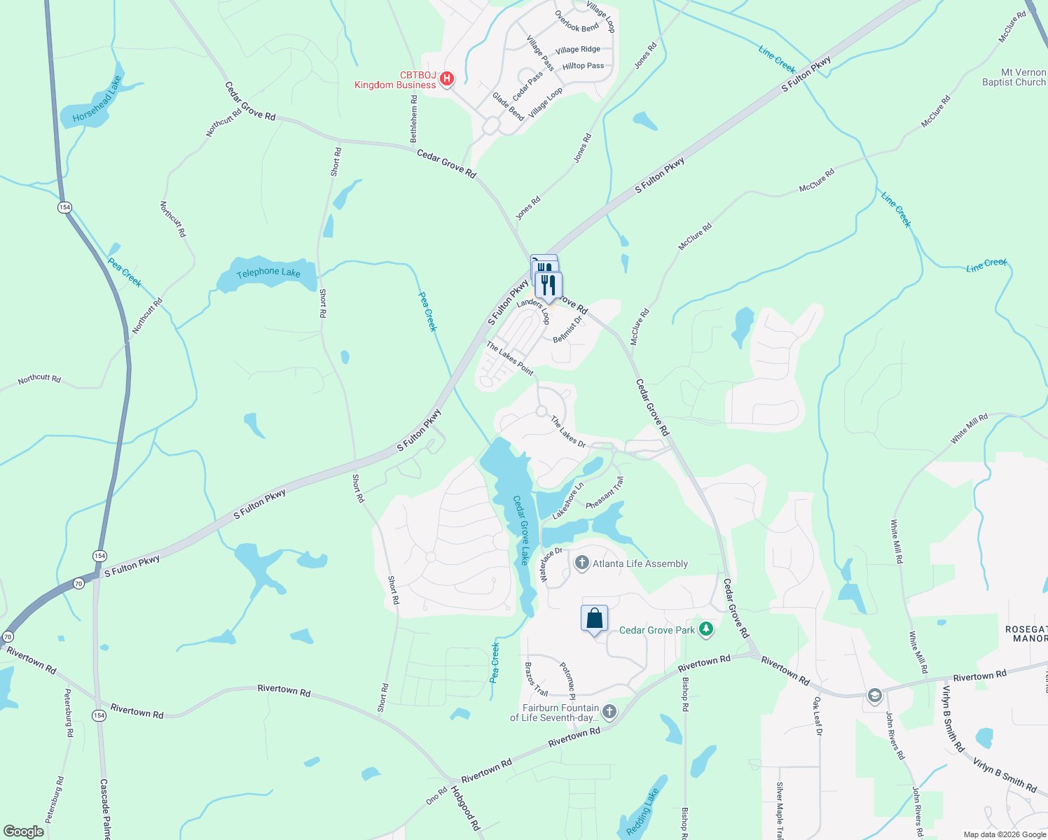 map of restaurants, bars, coffee shops, grocery stores, and more near 7748 The Lakes Dr in Fairburn