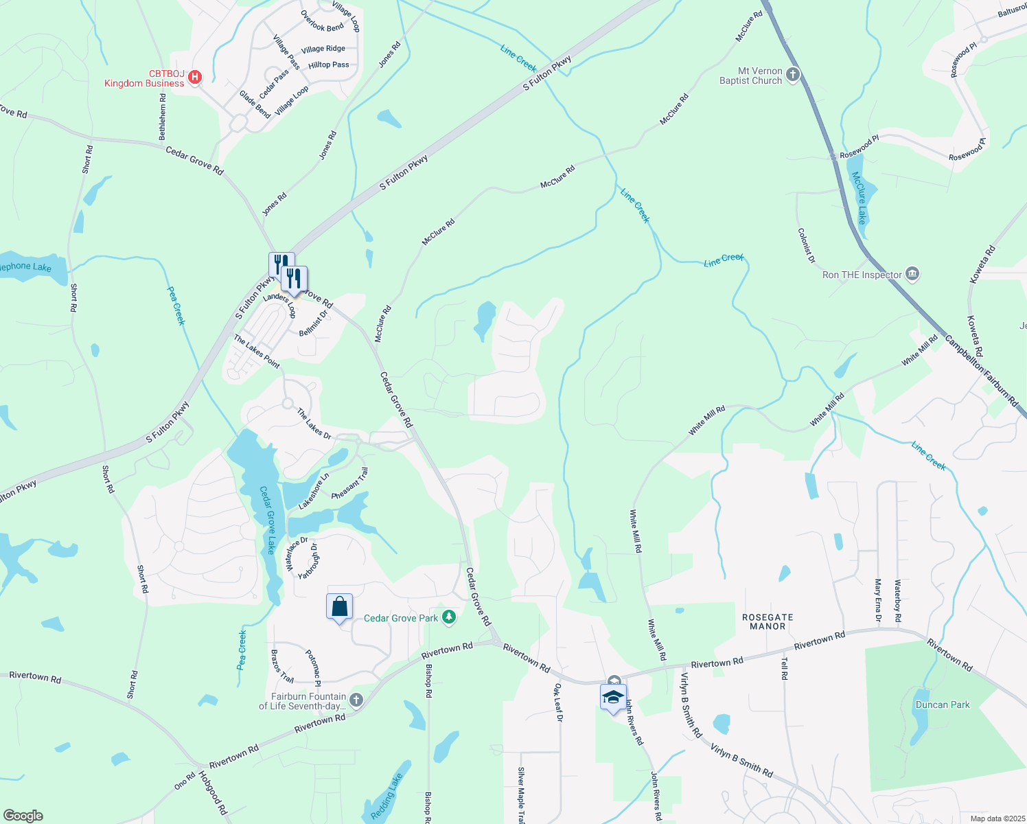 map of restaurants, bars, coffee shops, grocery stores, and more near 7381 Parkland Bend in Fairburn