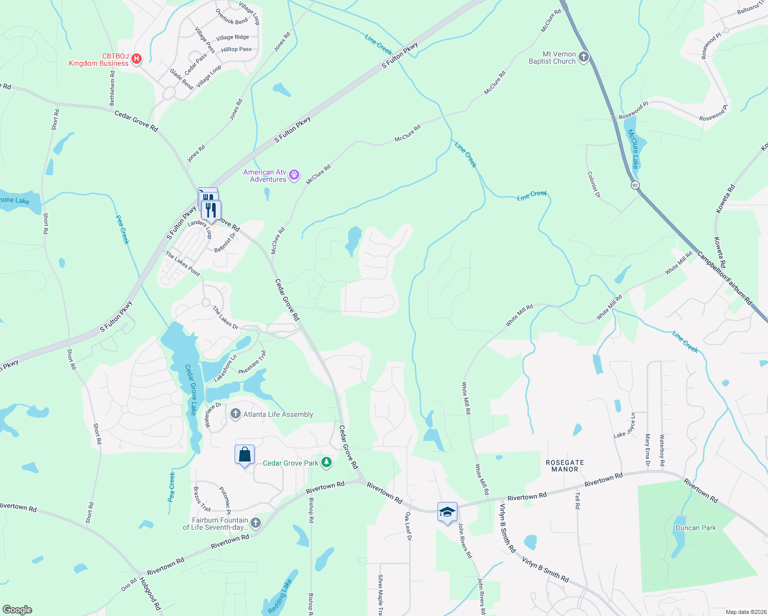 map of restaurants, bars, coffee shops, grocery stores, and more near 7355 Parkland Bend in Fairburn