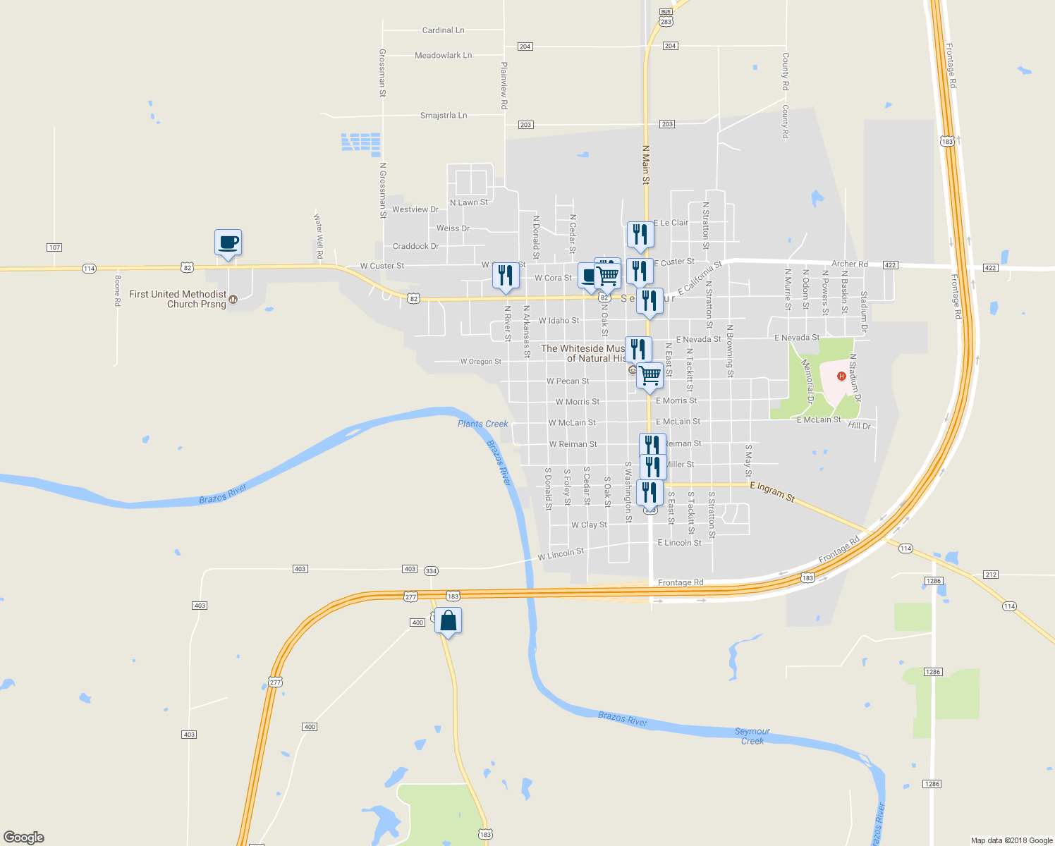 map of restaurants, bars, coffee shops, grocery stores, and more near 616 West McLain Street in Seymour