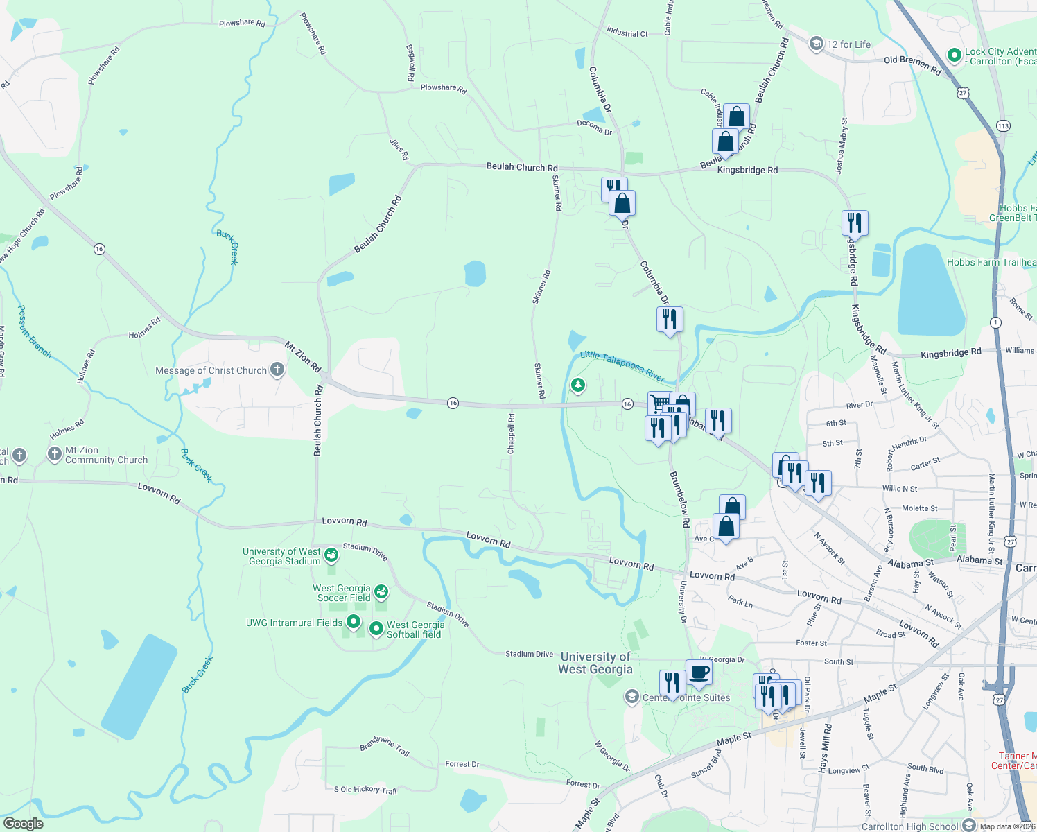 map of restaurants, bars, coffee shops, grocery stores, and more near 1220 Mount Zion Road in Carrollton