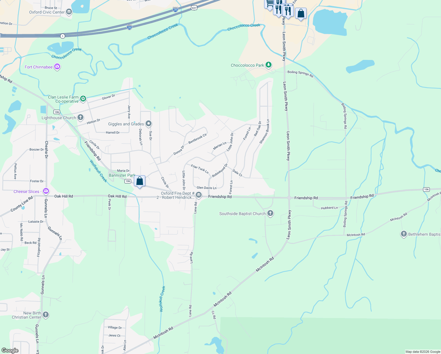 map of restaurants, bars, coffee shops, grocery stores, and more near 2012 Glen Davis Lane in Oxford