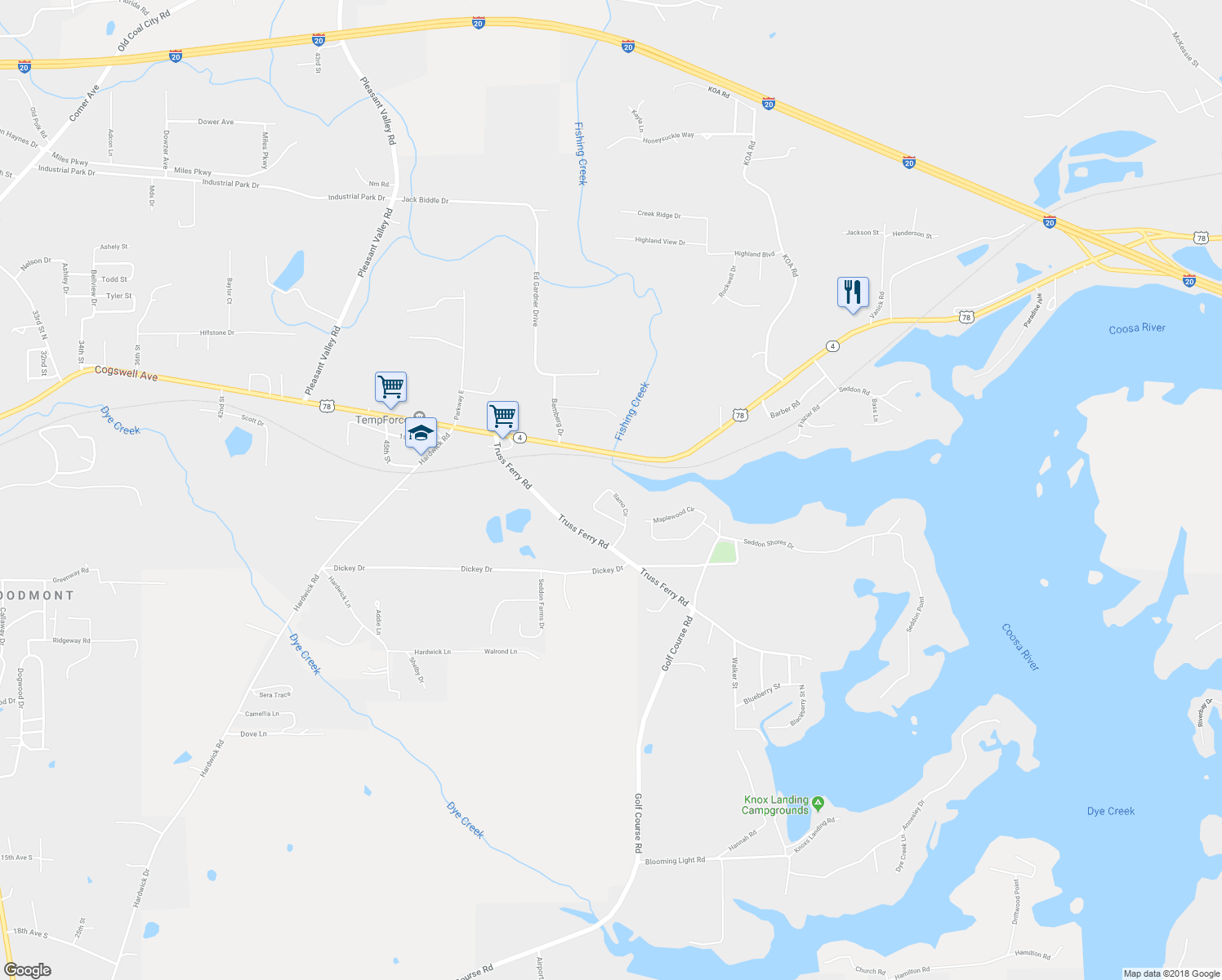 map of restaurants, bars, coffee shops, grocery stores, and more near 122 Ilamo Circle in Pell City