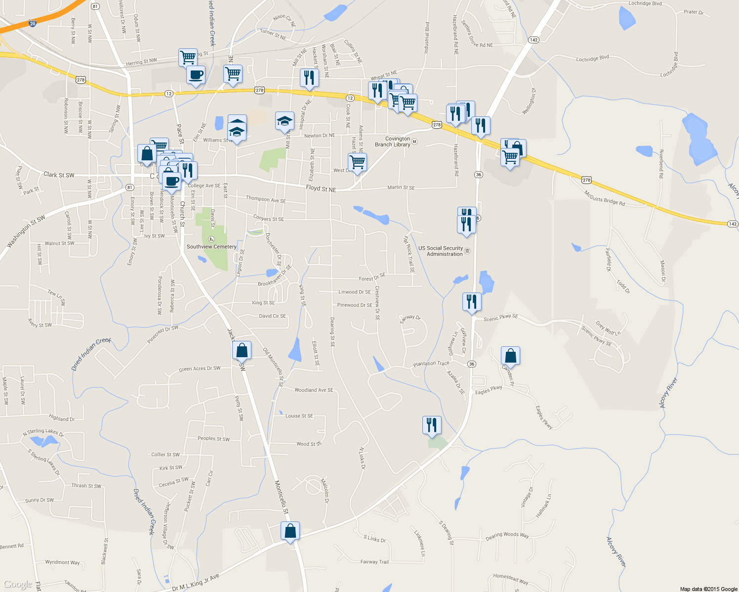 map of restaurants, bars, coffee shops, grocery stores, and more near 6200 Linwood Dr SE in Covington