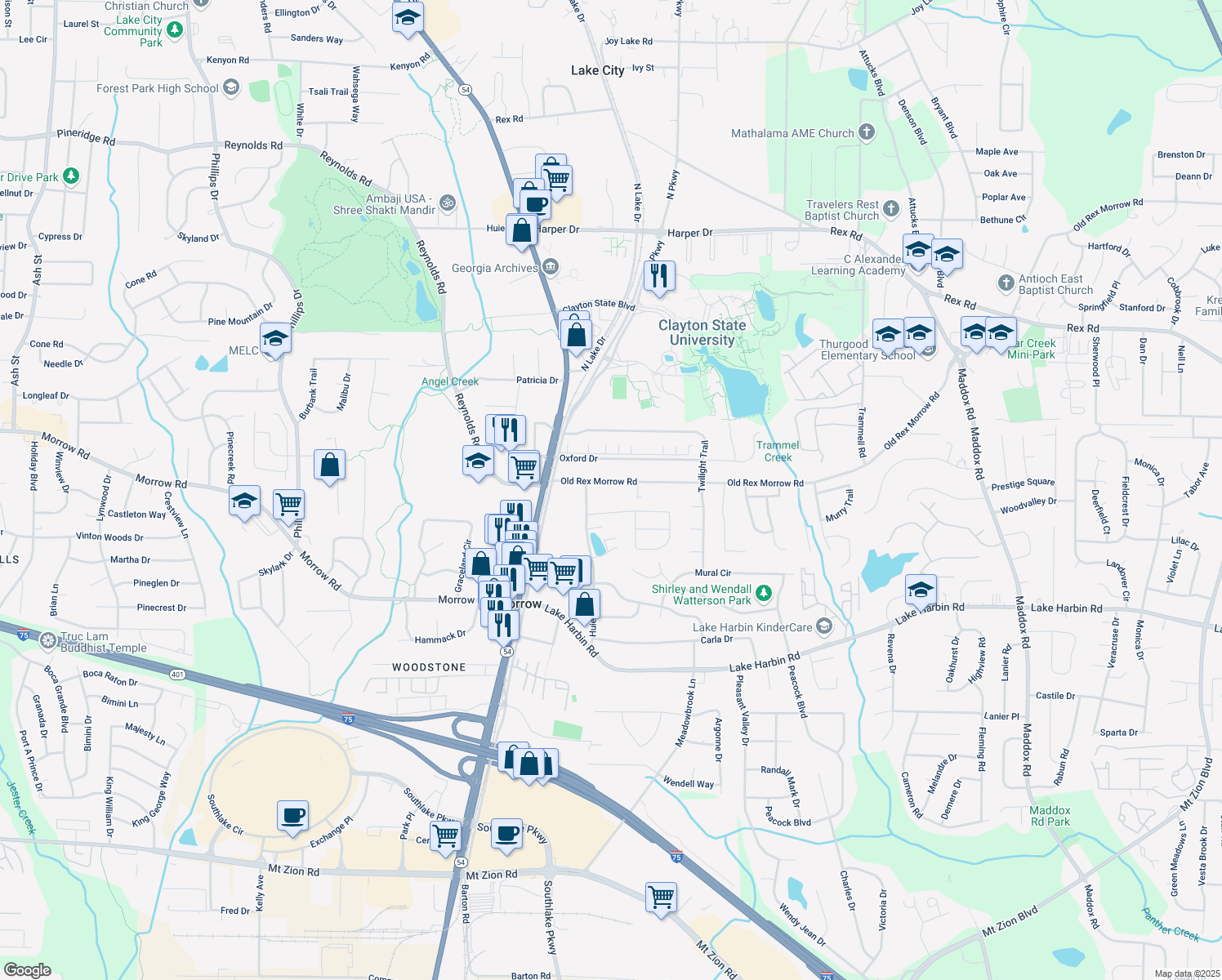 map of restaurants, bars, coffee shops, grocery stores, and more near 1691 Old Rex Morrow Road in Morrow