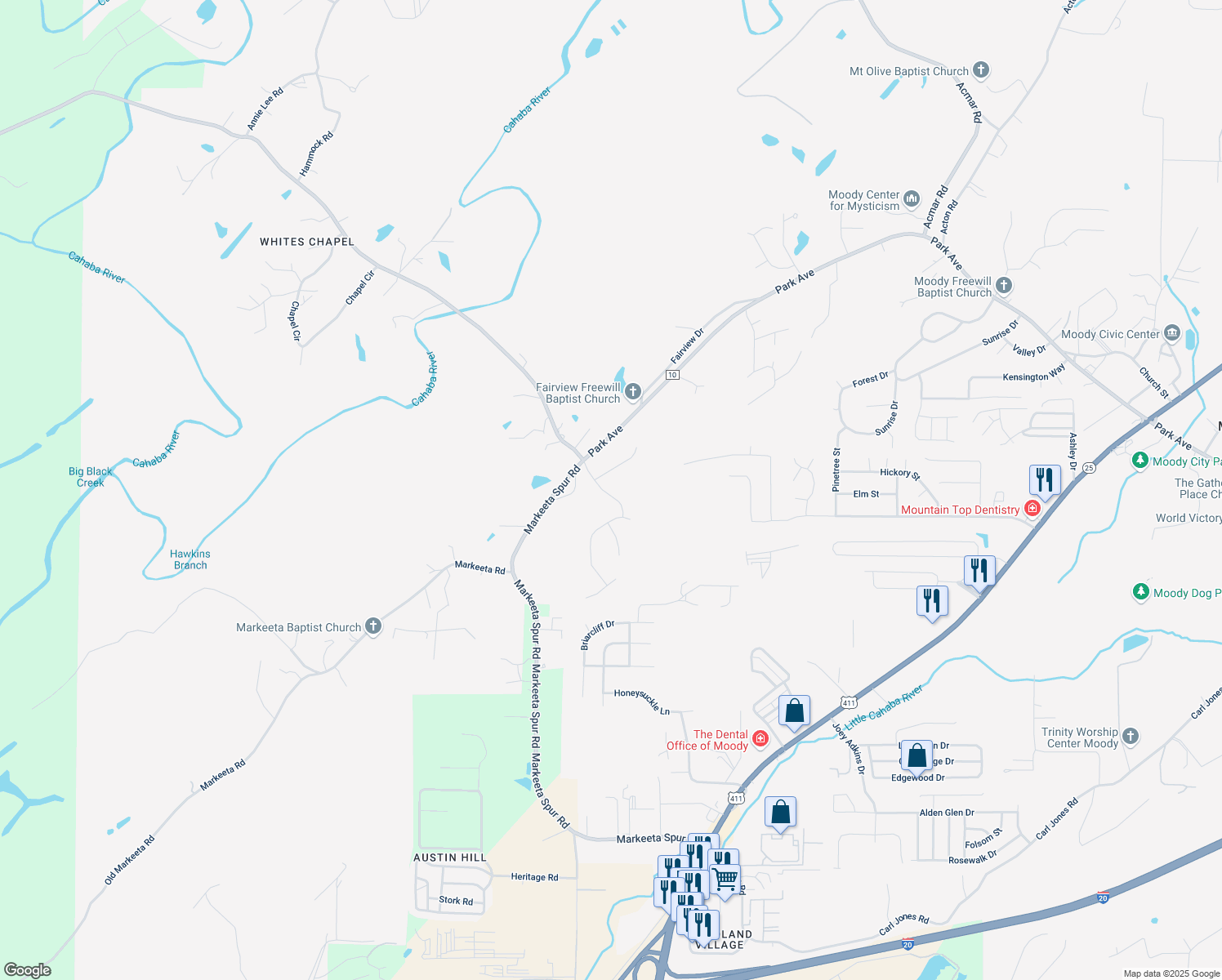 map of restaurants, bars, coffee shops, grocery stores, and more near 1428 Bass Lane in Moody