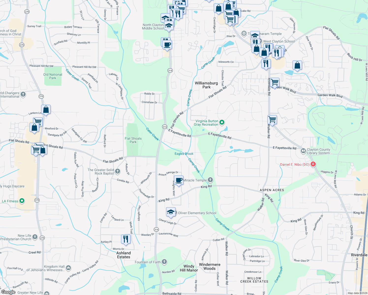 map of restaurants, bars, coffee shops, grocery stores, and more near 6128 Camden Forrest Cove in Riverdale