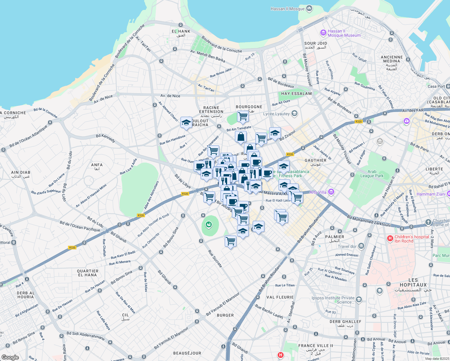 map of restaurants, bars, coffee shops, grocery stores, and more near Boulevard Al Massira Al Khadra in Casablanca