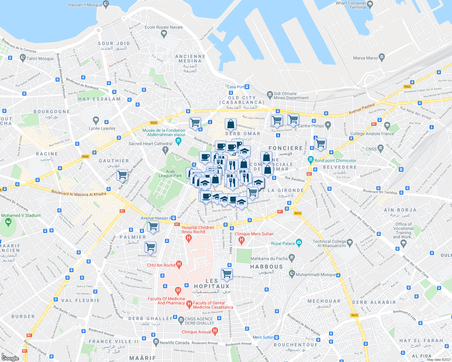 map of restaurants, bars, coffee shops, grocery stores, and more near 11 Rue El Wahda in Dar-el-Beida