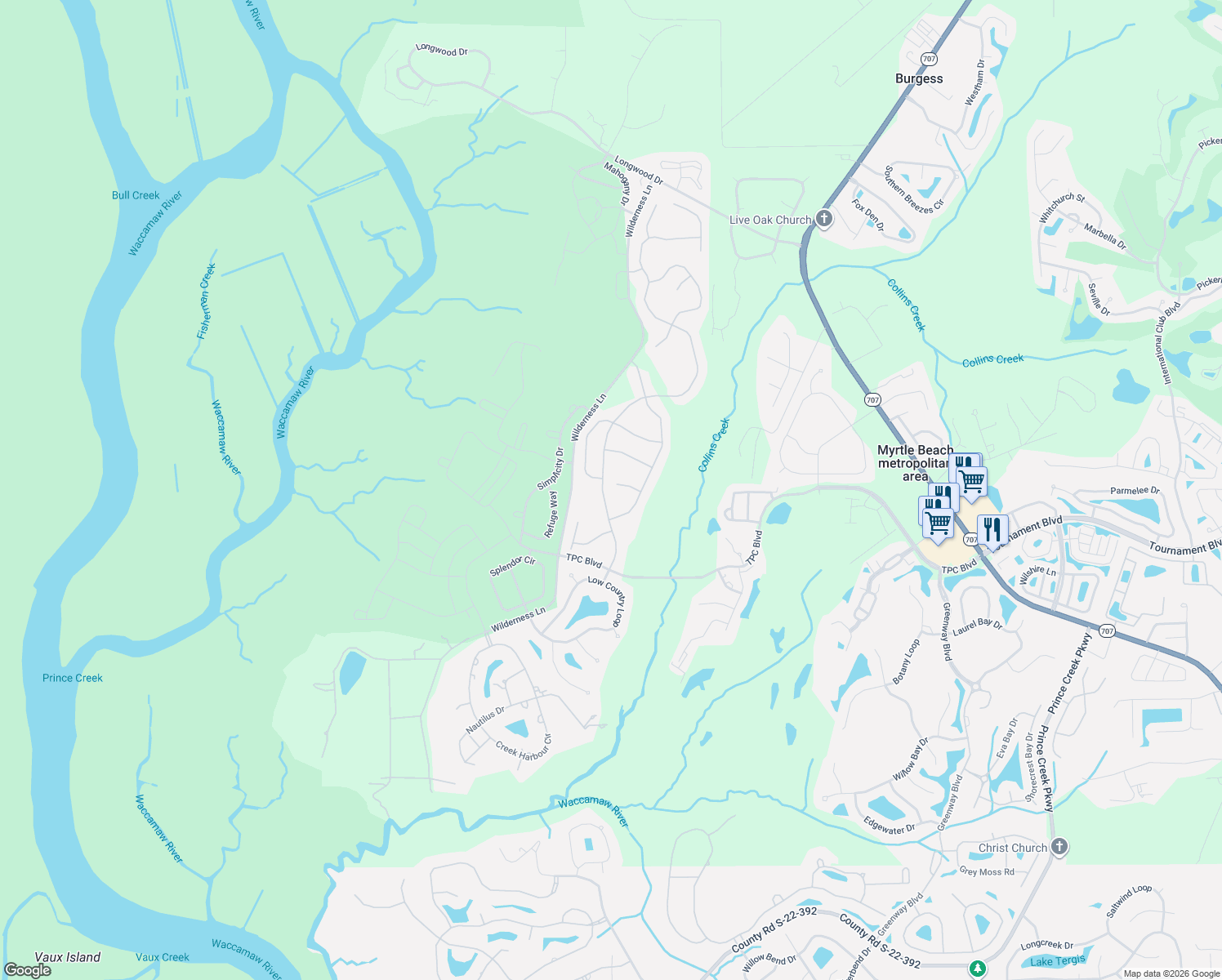 map of restaurants, bars, coffee shops, grocery stores, and more near 323 Cog Hill Court in Murrells Inlet