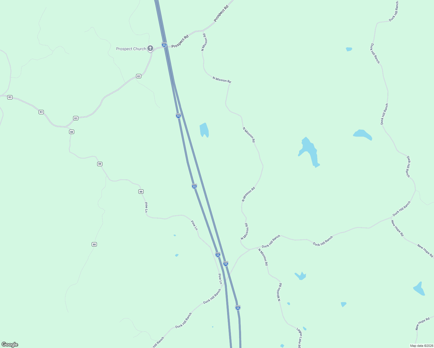 map of restaurants, bars, coffee shops, grocery stores, and more near Interstate 55 in Duck Hill