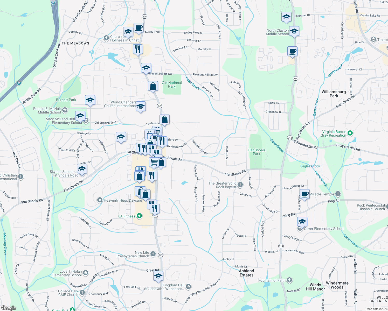 map of restaurants, bars, coffee shops, grocery stores, and more near 2230 Knighton Drive in College Park