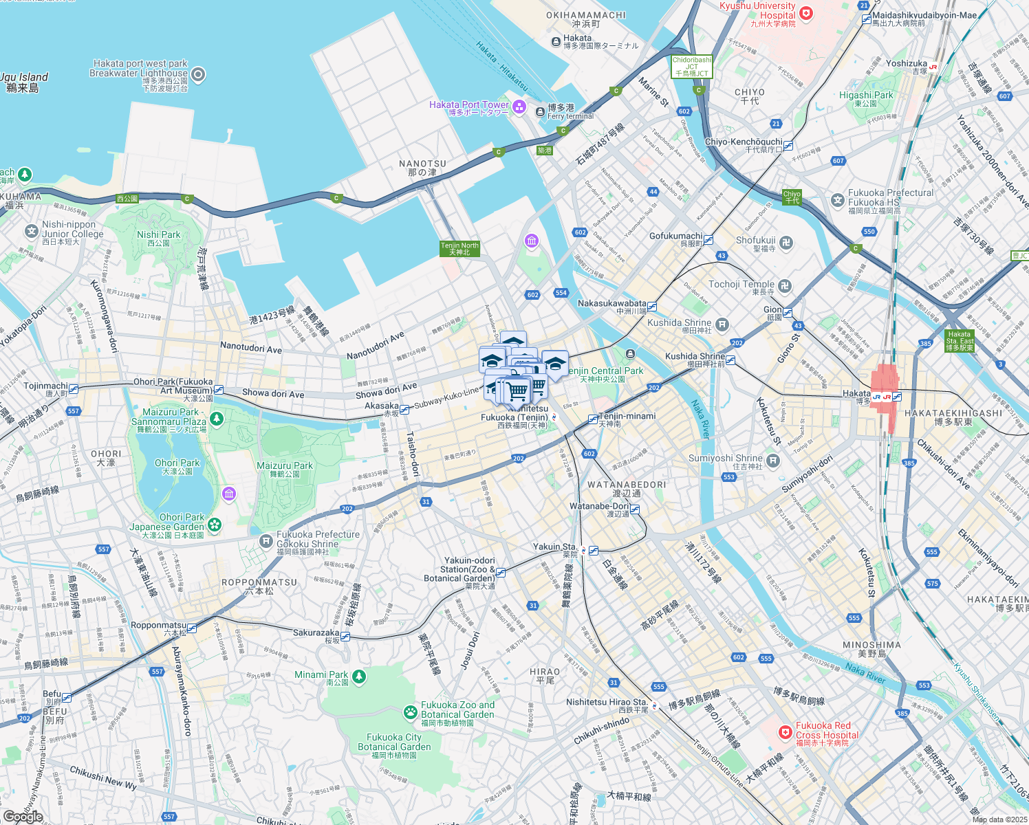 map of restaurants, bars, coffee shops, grocery stores, and more near in Fukuoka