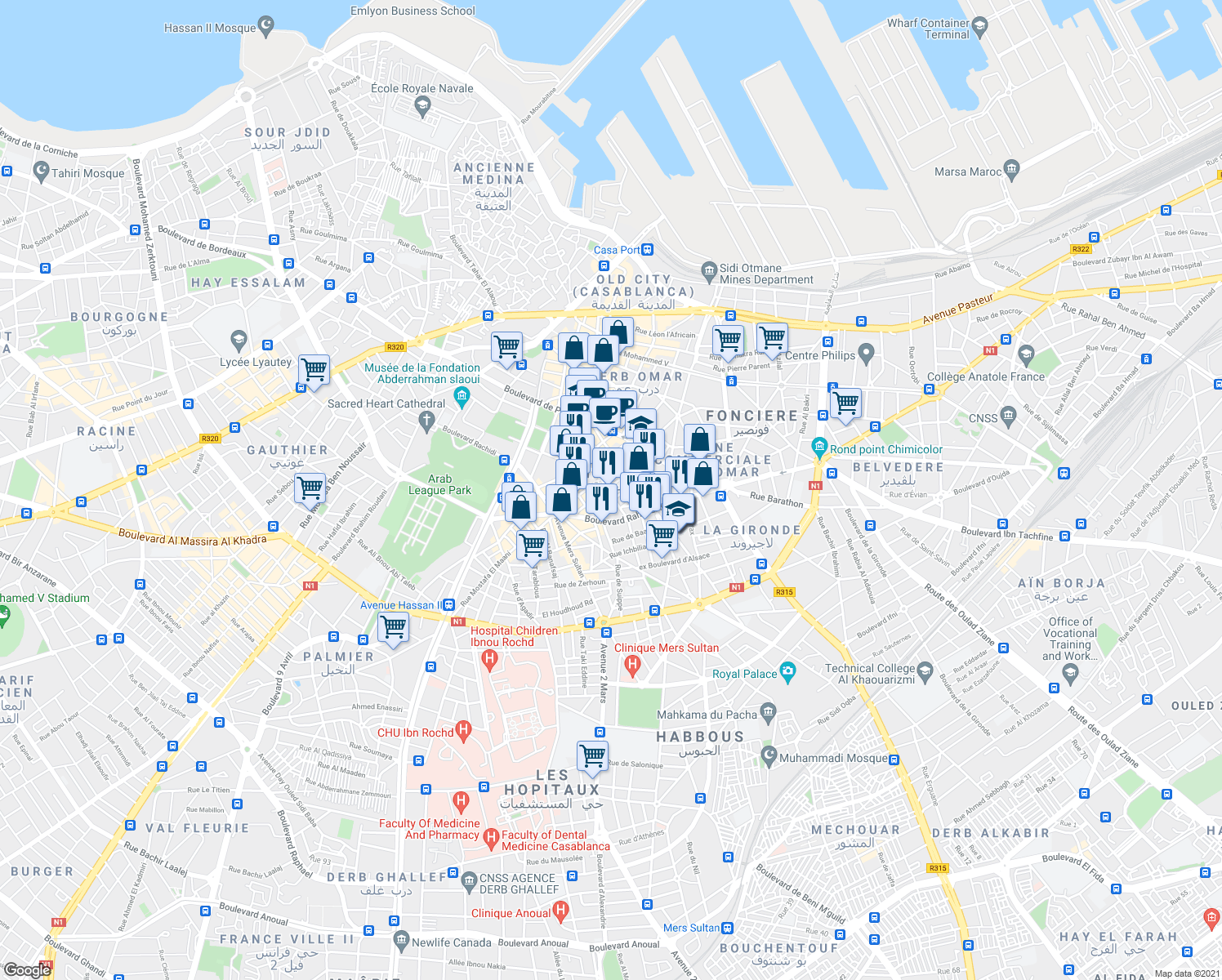 map of restaurants, bars, coffee shops, grocery stores, and more near 11 Rue El Wahda in Dar-el-Beida