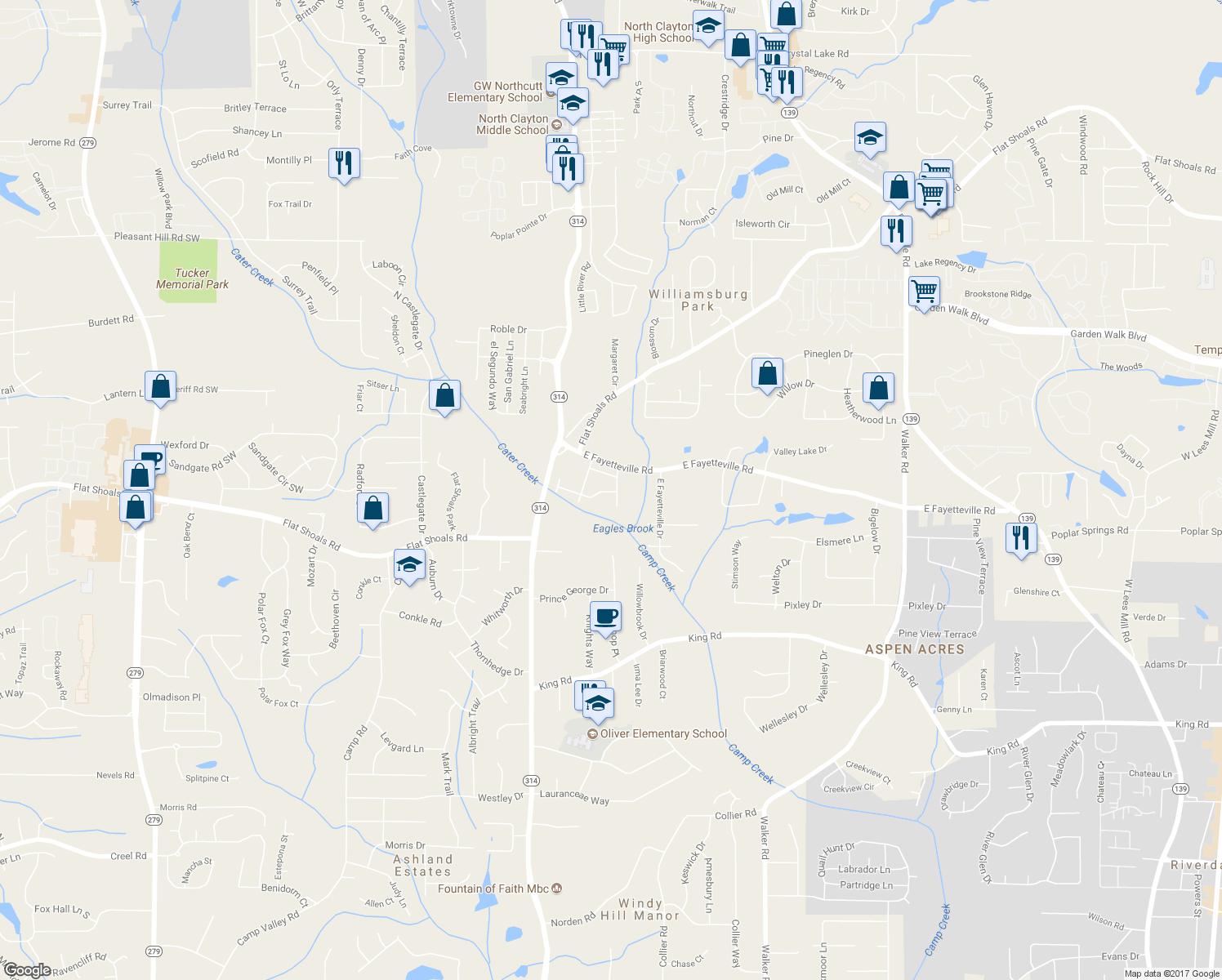 map of restaurants, bars, coffee shops, grocery stores, and more near 6099 Camden Forrest Cove in Riverdale