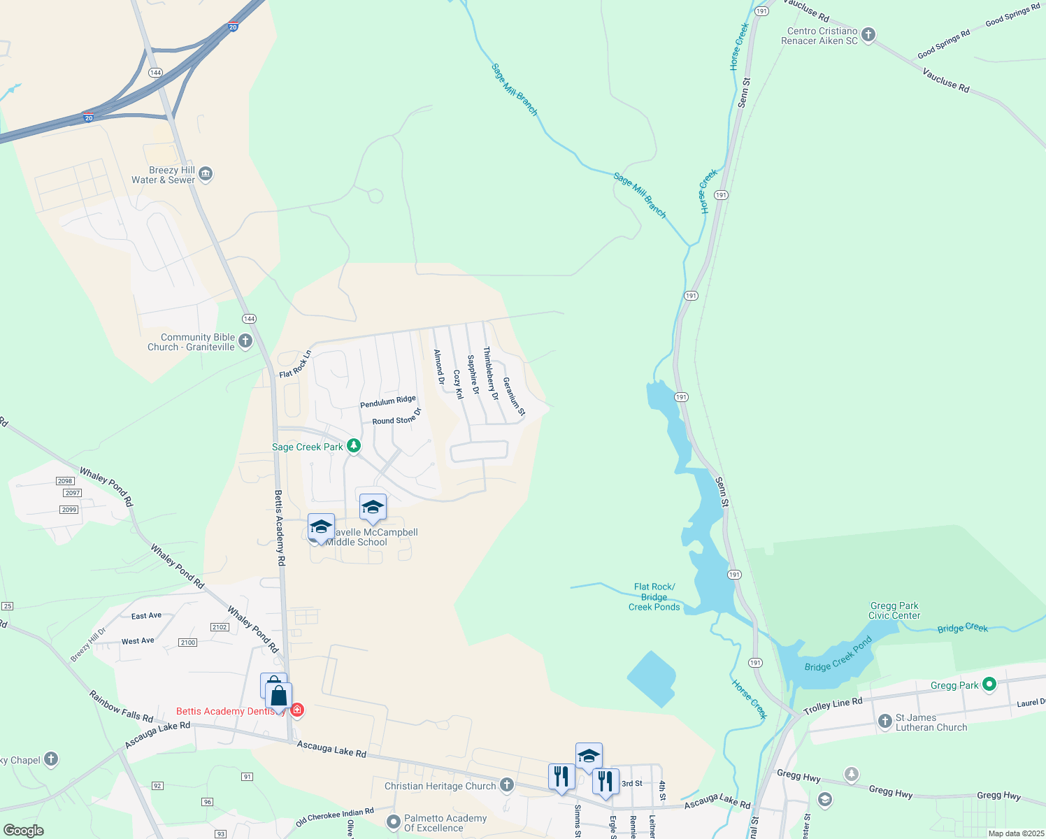map of restaurants, bars, coffee shops, grocery stores, and more near 724 Flat Rock Lane in Graniteville