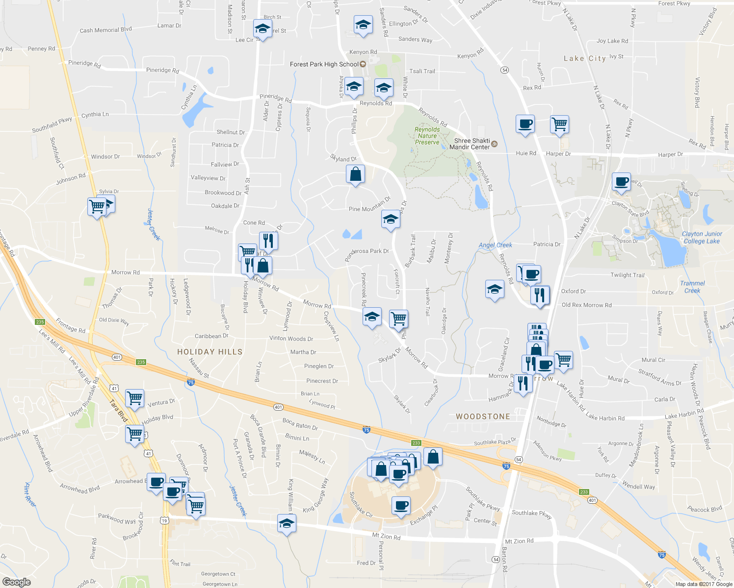 map of restaurants, bars, coffee shops, grocery stores, and more near 6044 Pinecreek Road in Forest Park