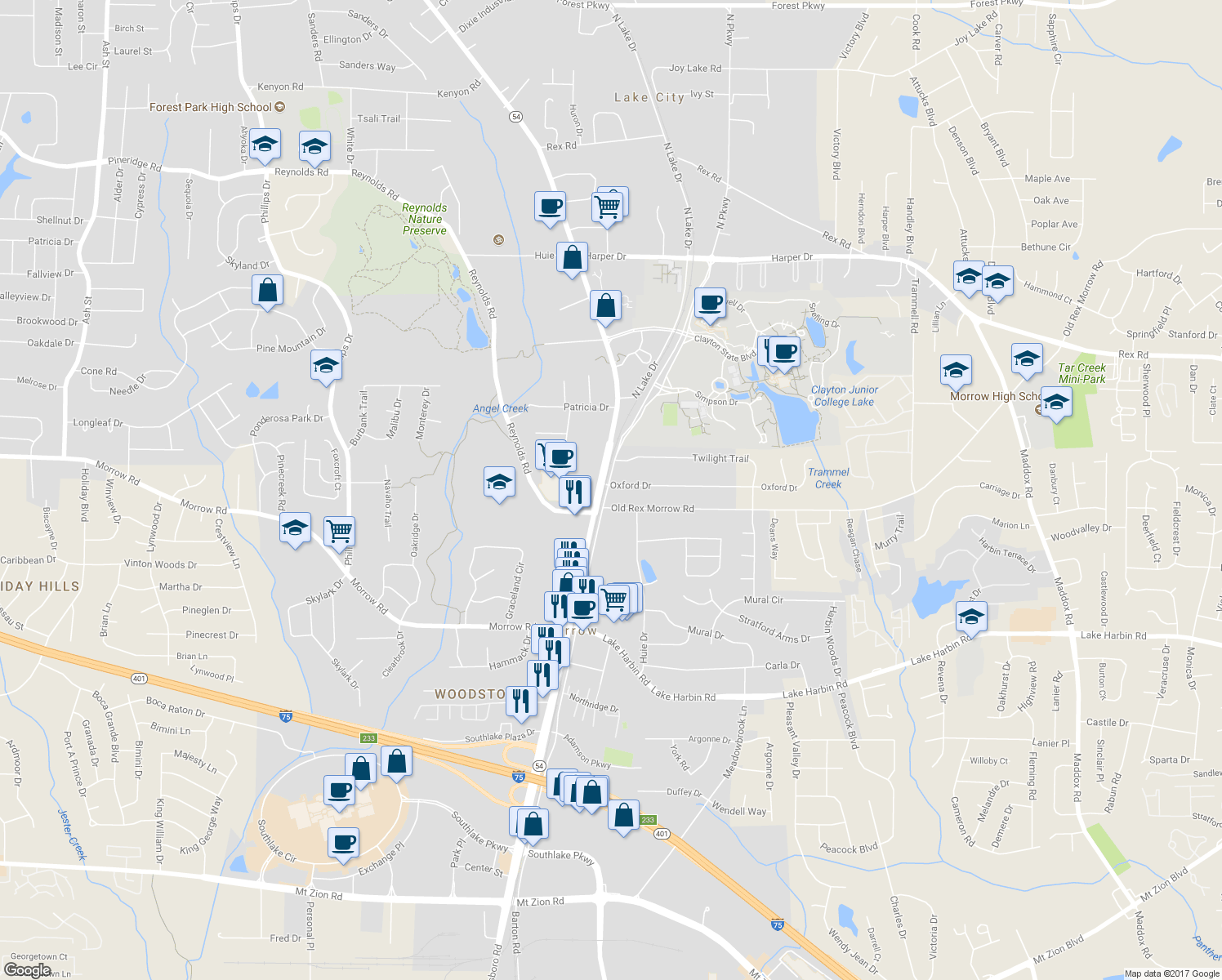 map of restaurants, bars, coffee shops, grocery stores, and more near 6070 North Lee Street in Morrow