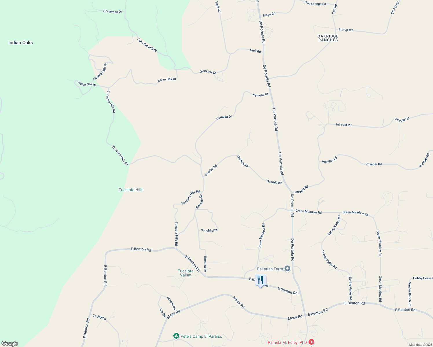 map of restaurants, bars, coffee shops, grocery stores, and more near 38125 Overhill Road in Temecula