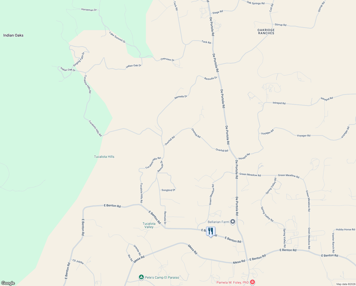 map of restaurants, bars, coffee shops, grocery stores, and more near 38125 Overhill Road in Temecula