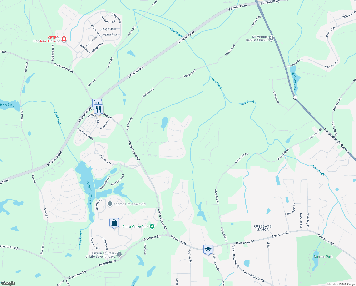 map of restaurants, bars, coffee shops, grocery stores, and more near 7318 Parks Trail in Fairburn